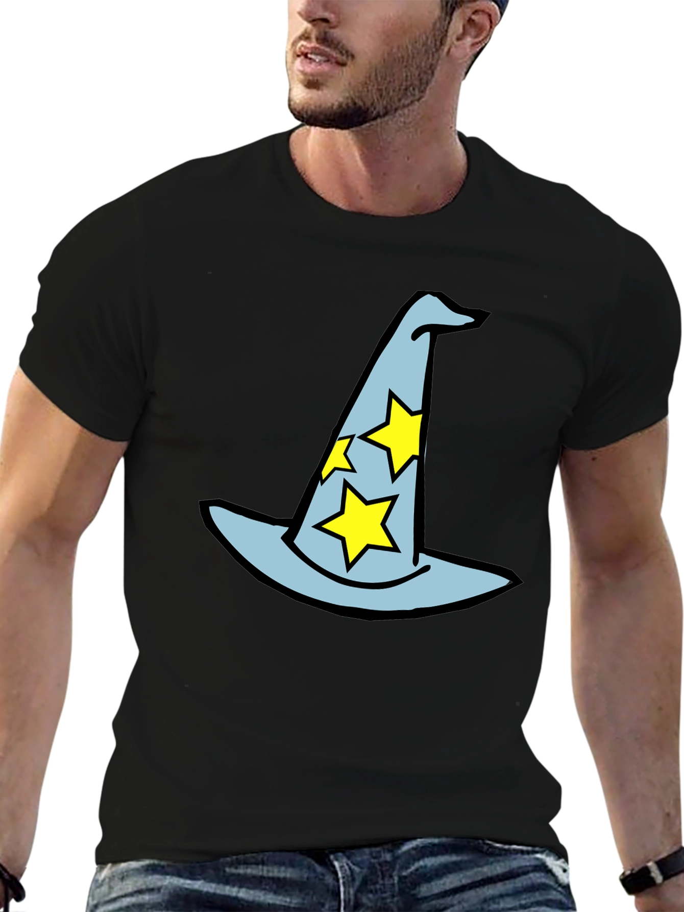 Black Wizard Hat Graphic Tee - Magical Star Design Black T-Shirt view 6