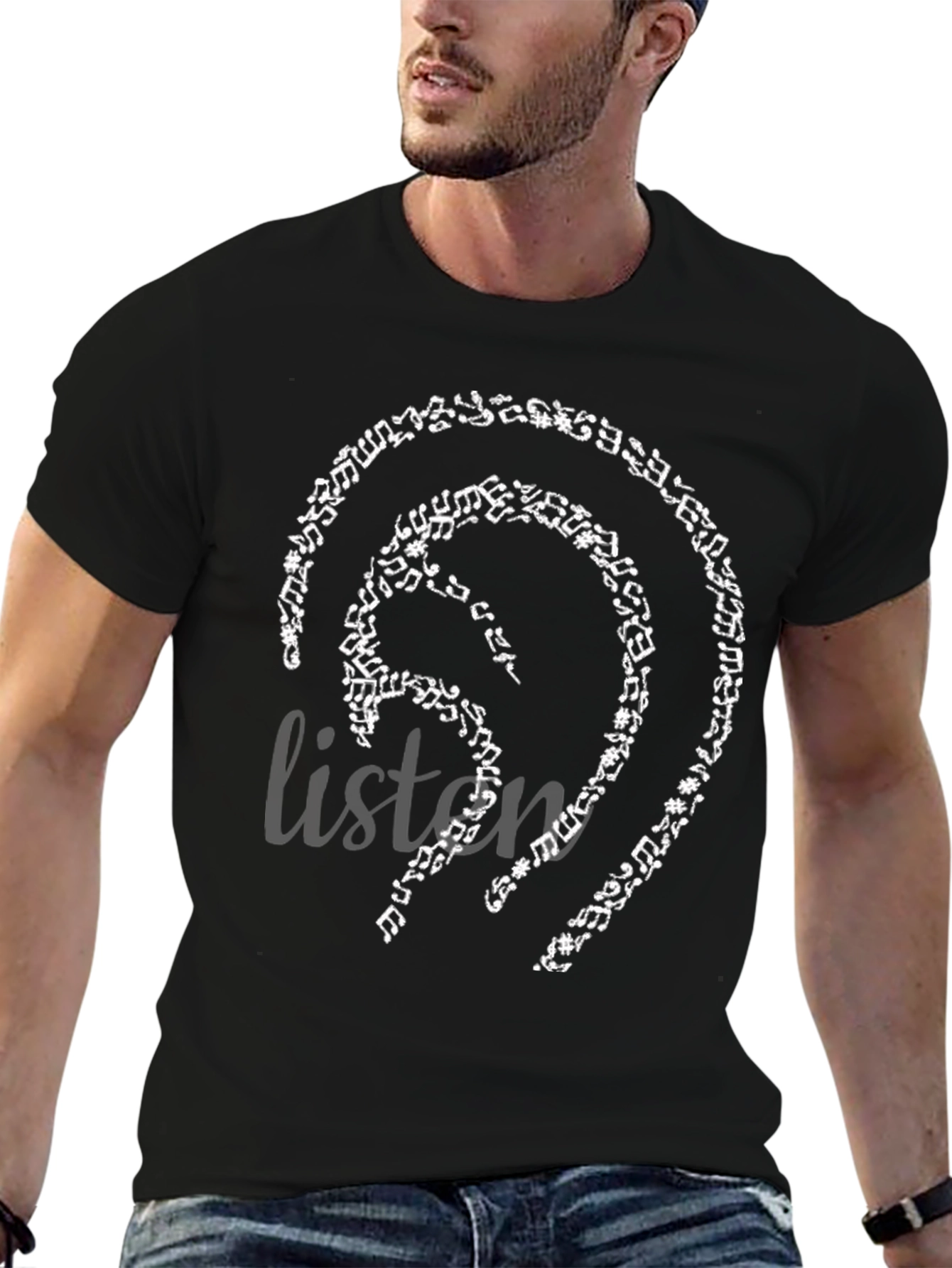 Black Music Notes Ear Design Black T-Shirt view 6
