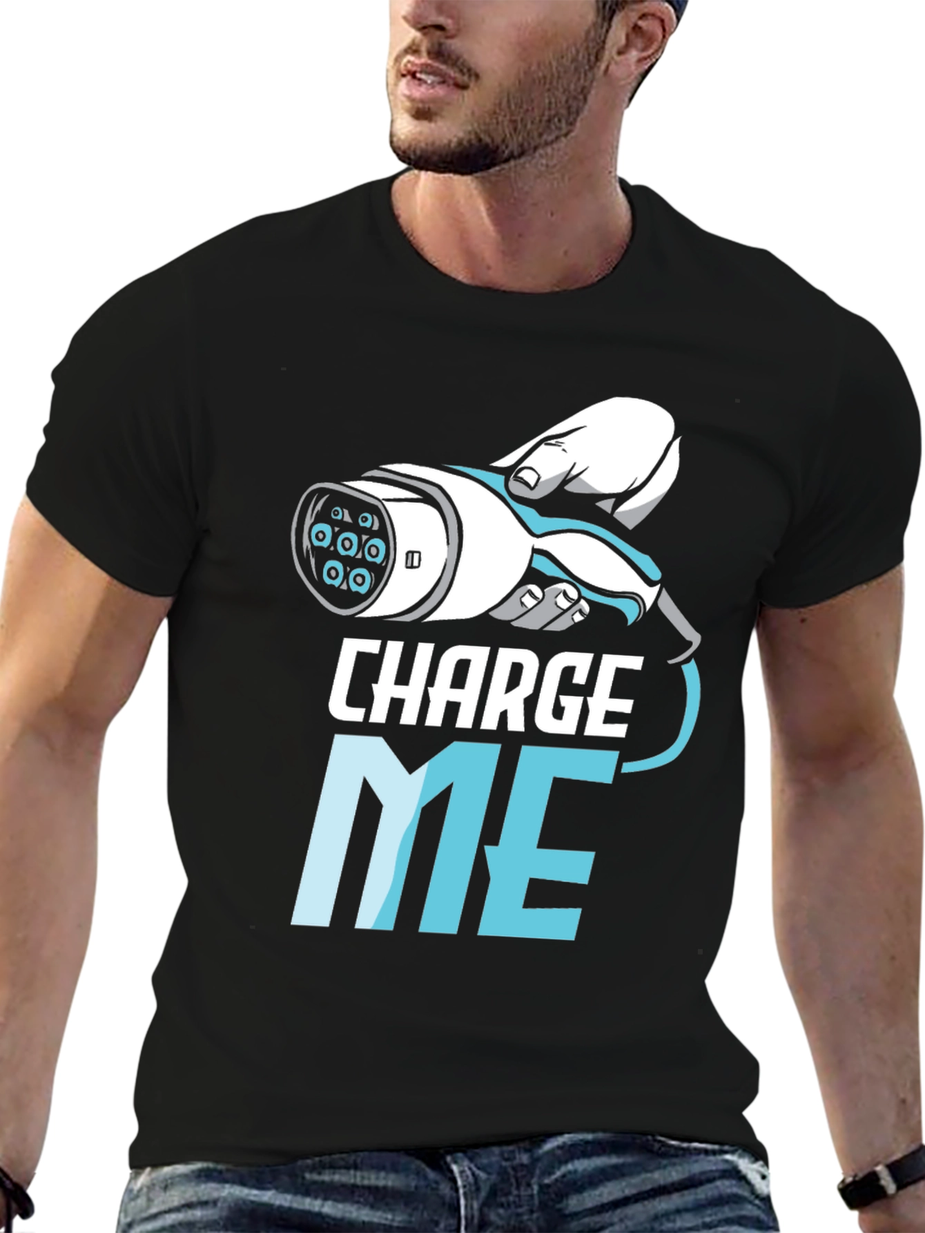 Black Charge Me EV Humor T-Shirt view 6