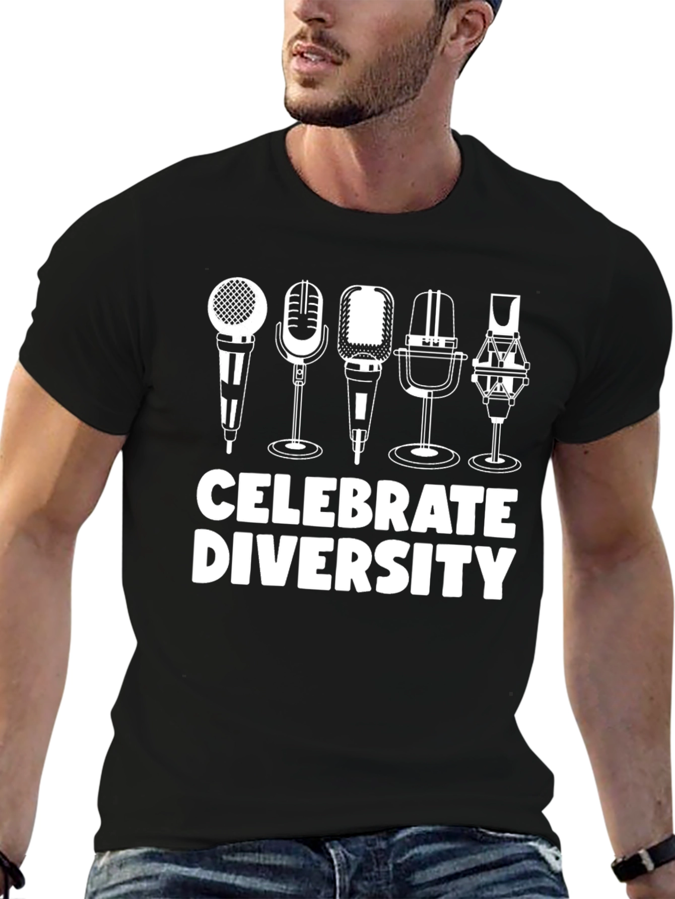Black Celebrate Diversity T-Shirt - Microphone Graphic Tee view 6
