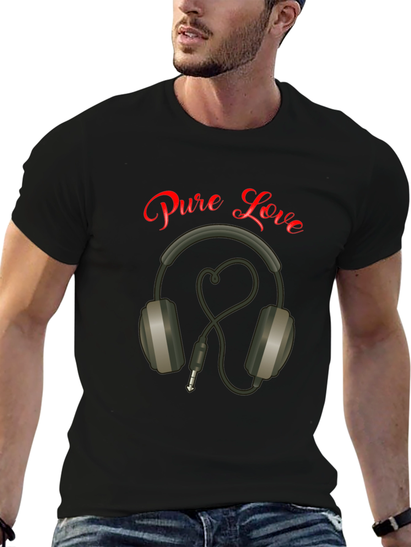 Black Pure Love Headphones Graphic Tee view 6