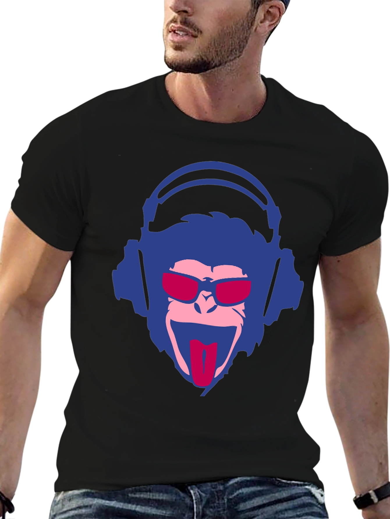 Black Cool Monkey Graphic Tee - Funny DJ Monkey T-Shirt view 6