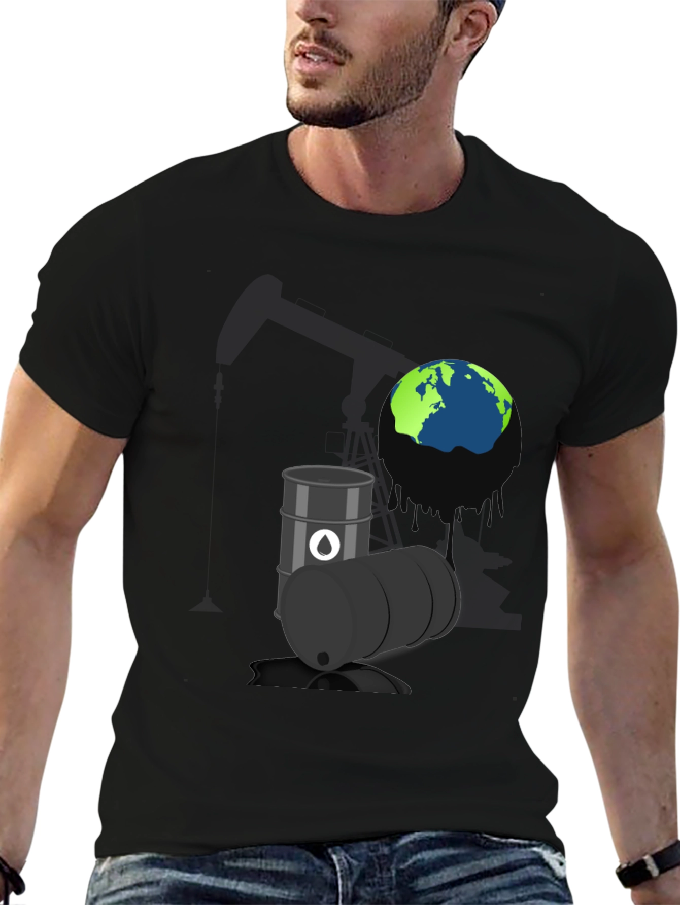 Black Eco-Awareness Graphic Tee - Oil & Earth Design view 6