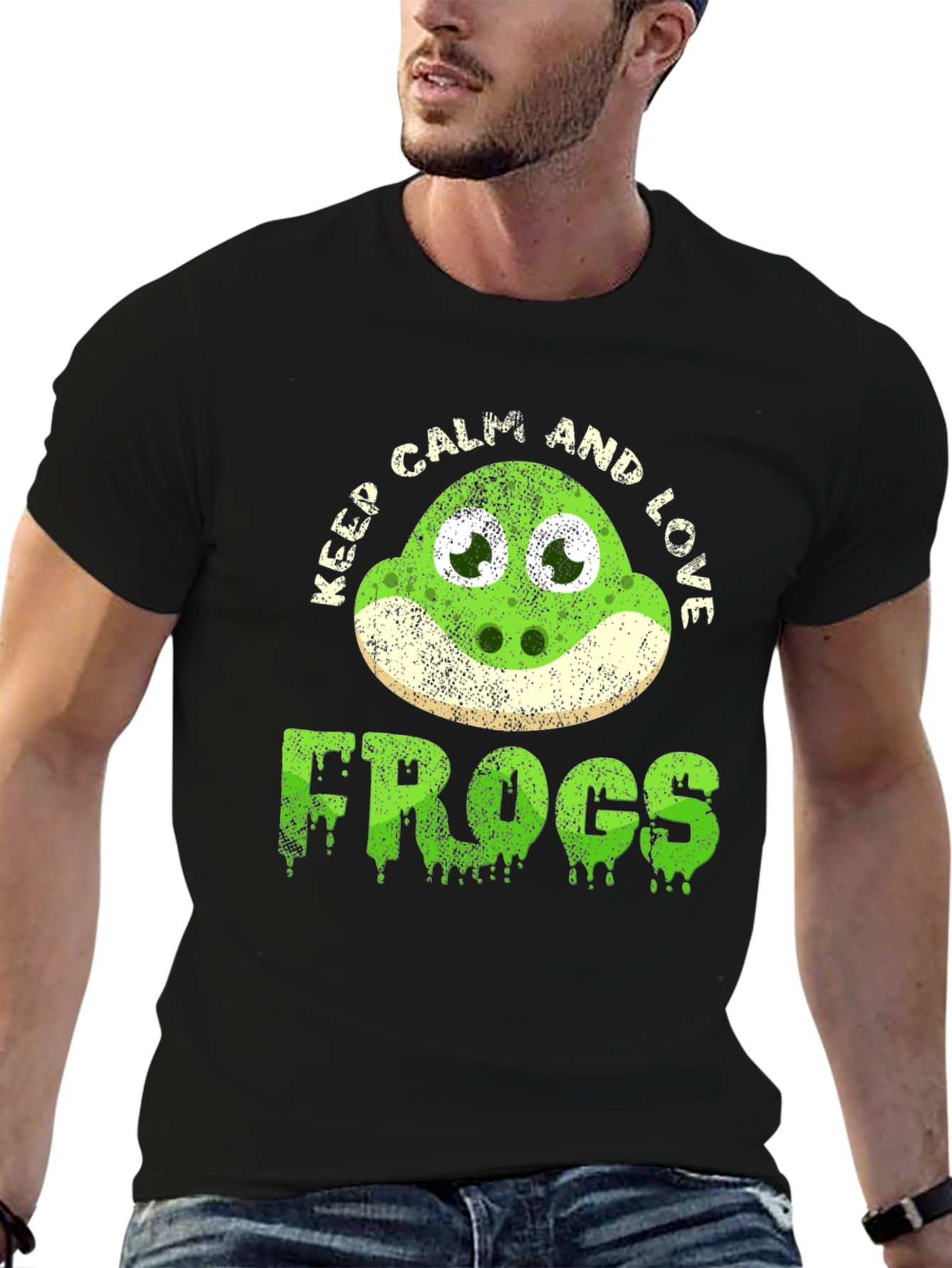 Black Keep Calm and Love Frogs Funny T-Shirt view 6