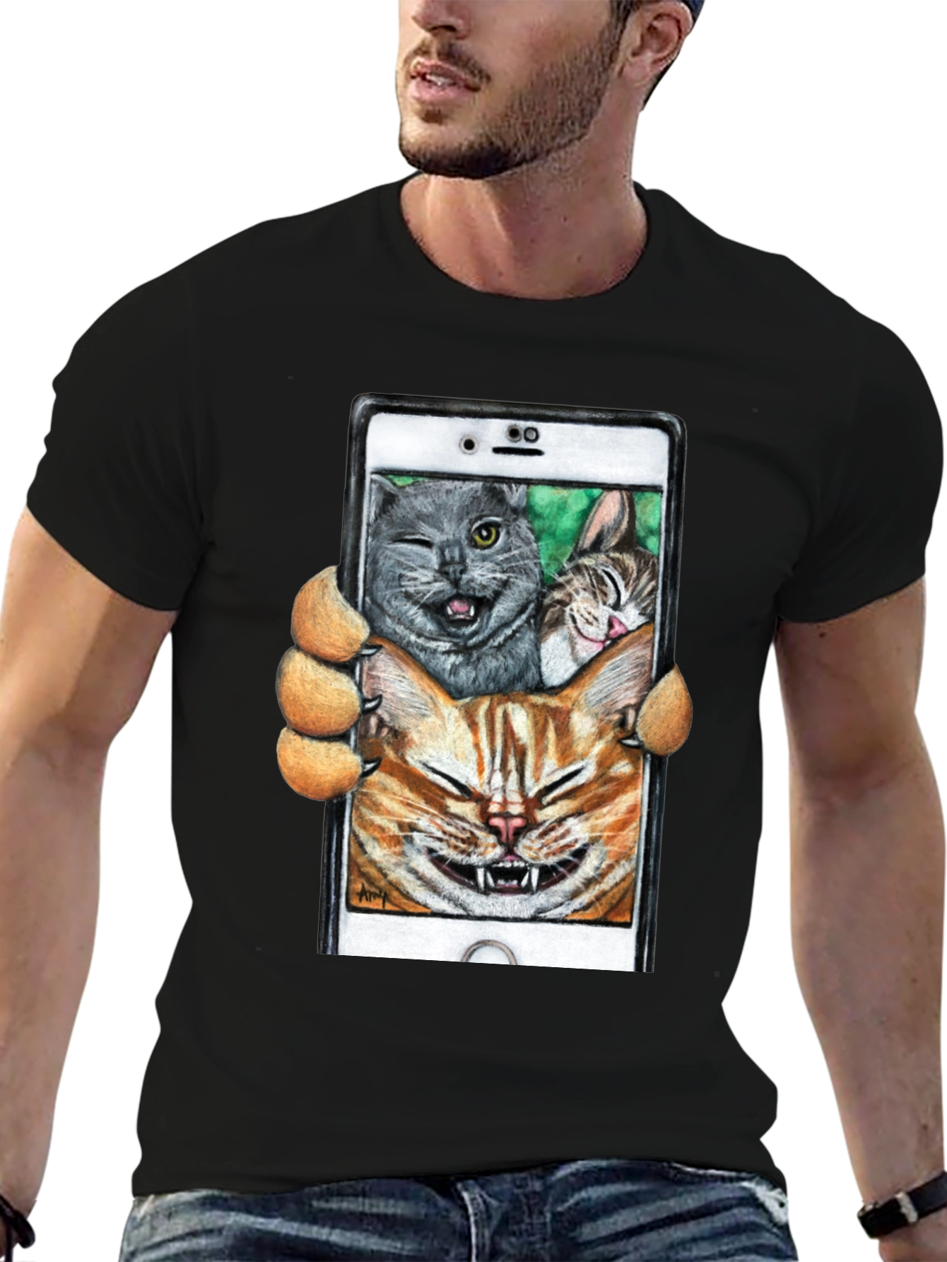 Black Funny Cat Selfie T-Shirt view 6