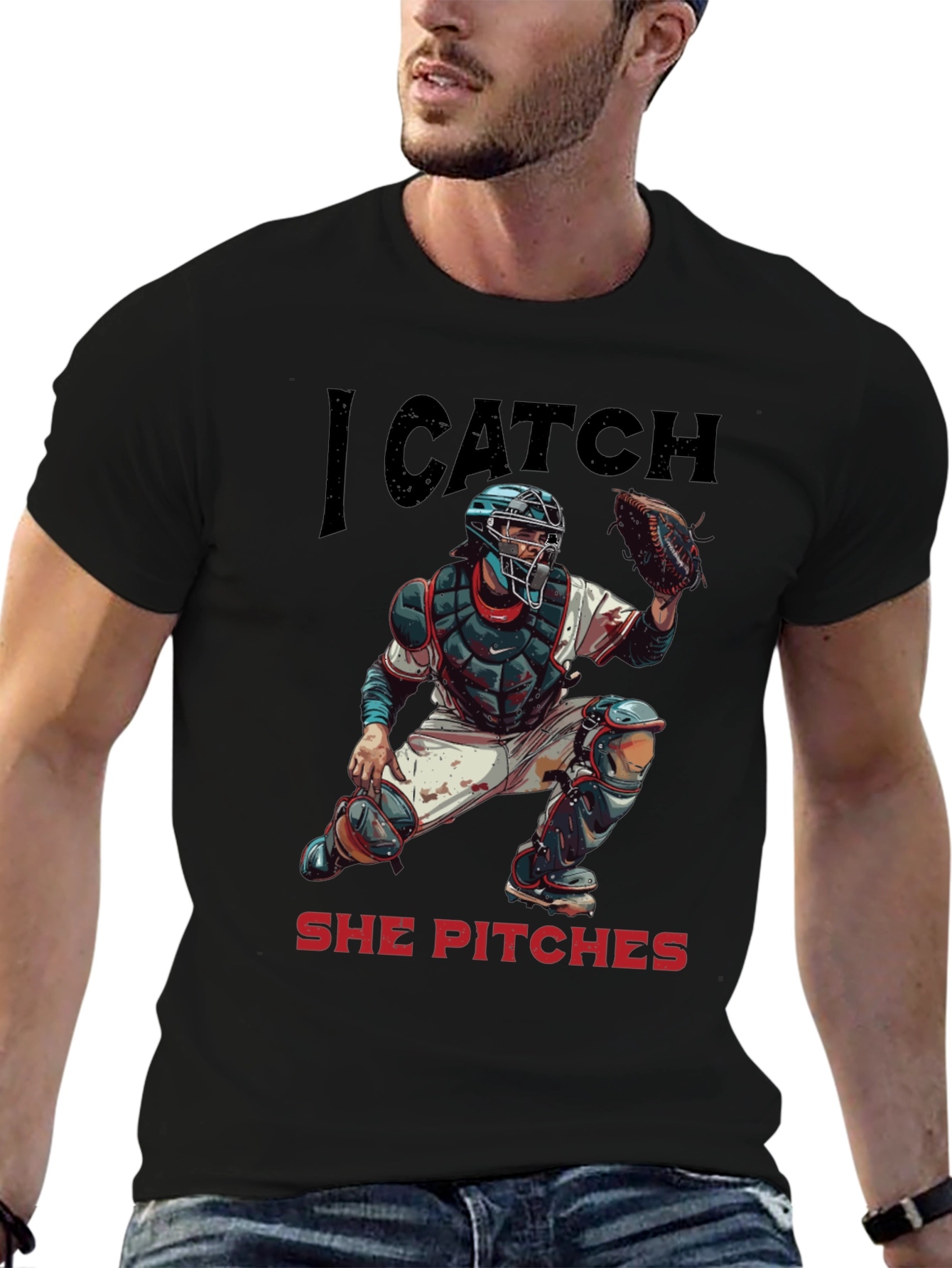 Black I Catch She Pitches Baseball T-Shirt view 6
