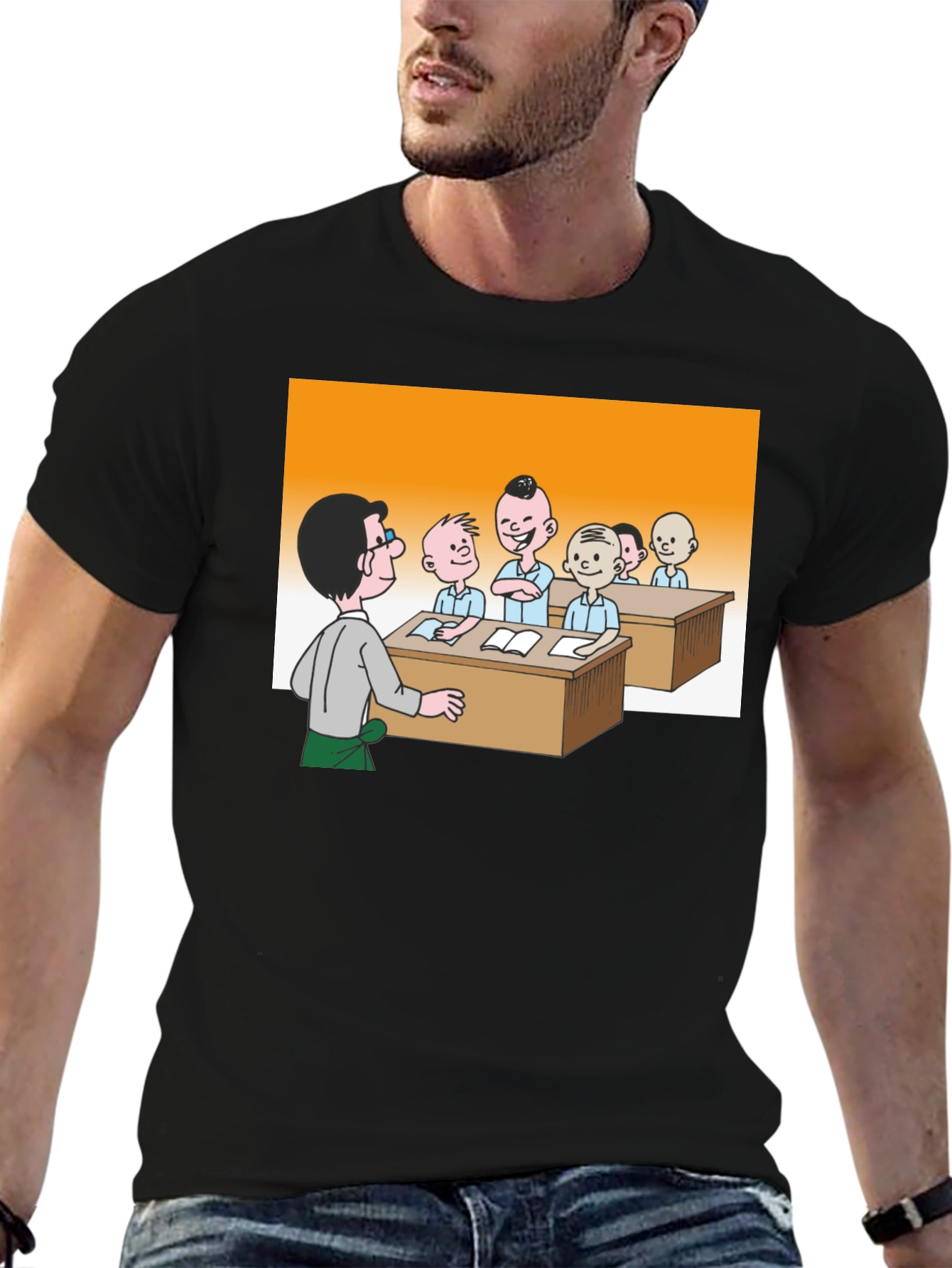Cartoon Classroom Black T-Shirt - 6
