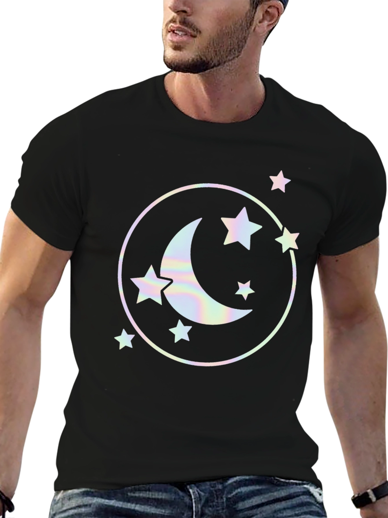 Black Celestial Moon & Stars Graphic Black T-Shirt view 6