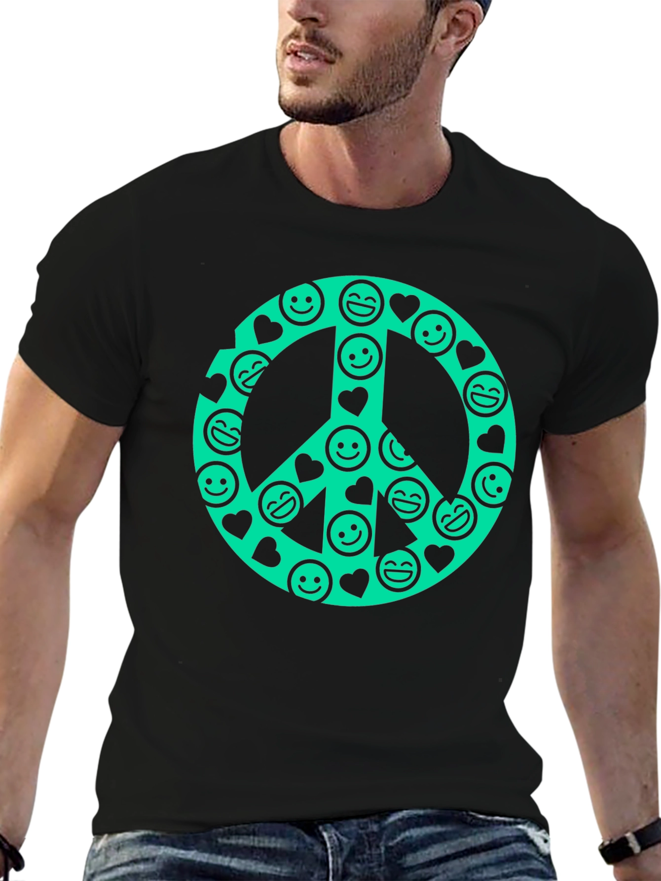 Black Peace Sign Smiley Face Graphic T-Shirt view 6