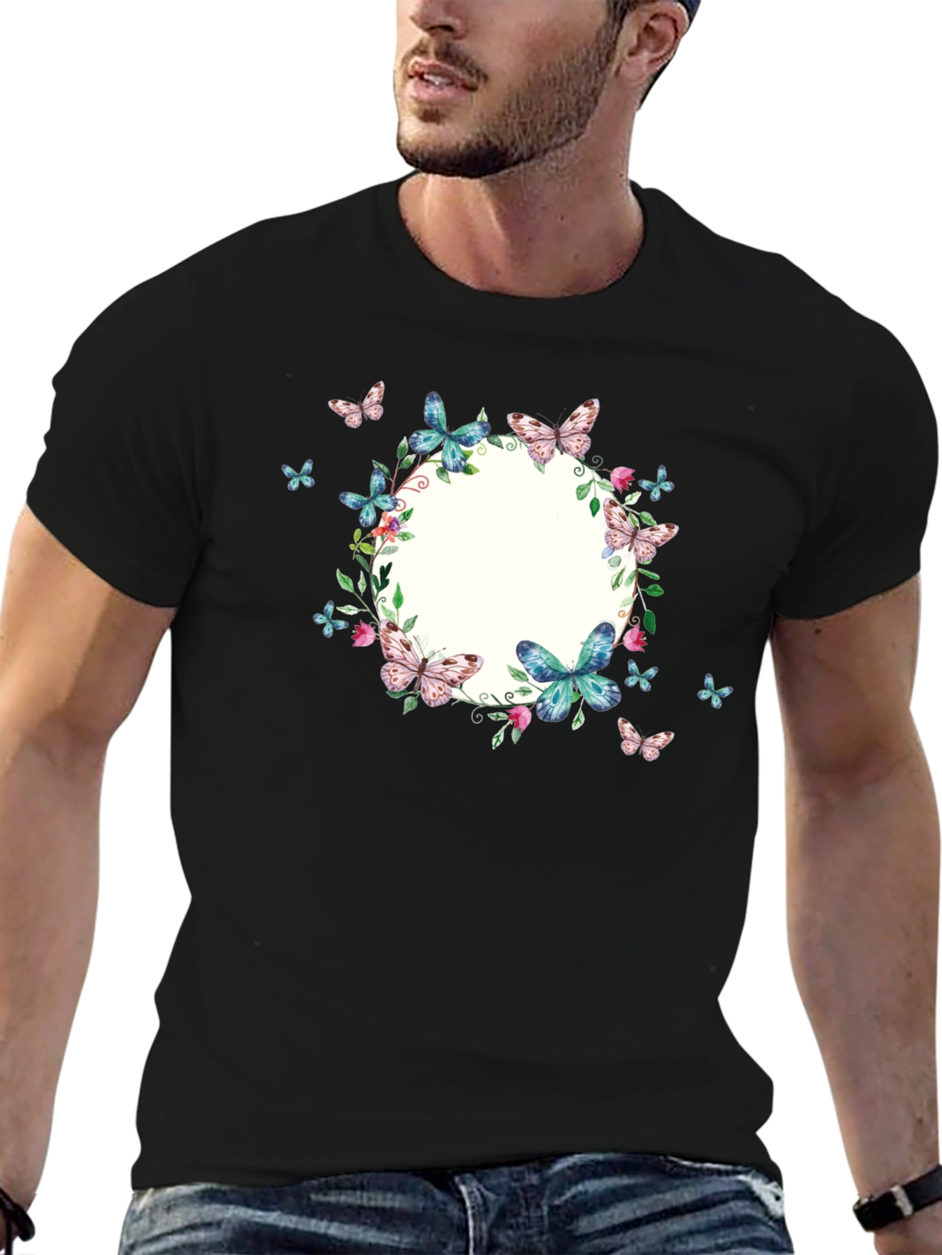 Black Butterfly Wreath Graphic Black T-Shirt view 6