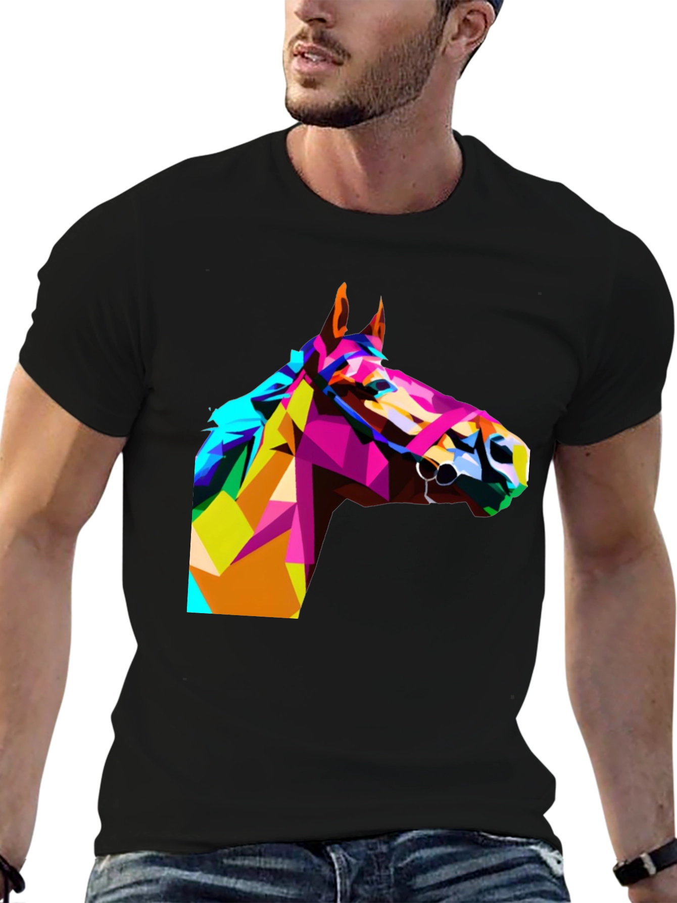 Black Geometric Horse Head Print Black T-Shirt view 6