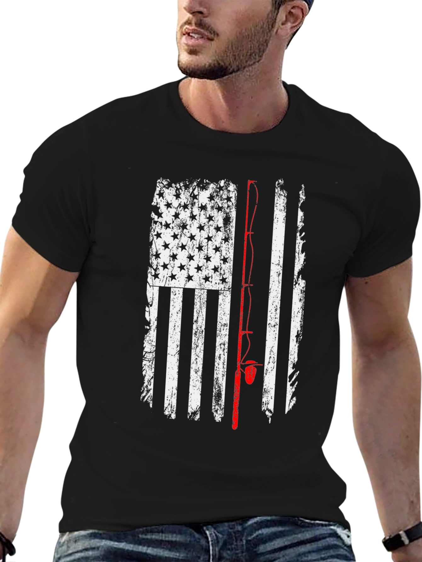 Black American Flag Fishing Rod T-Shirt - Patriotic Angler Tee view 6