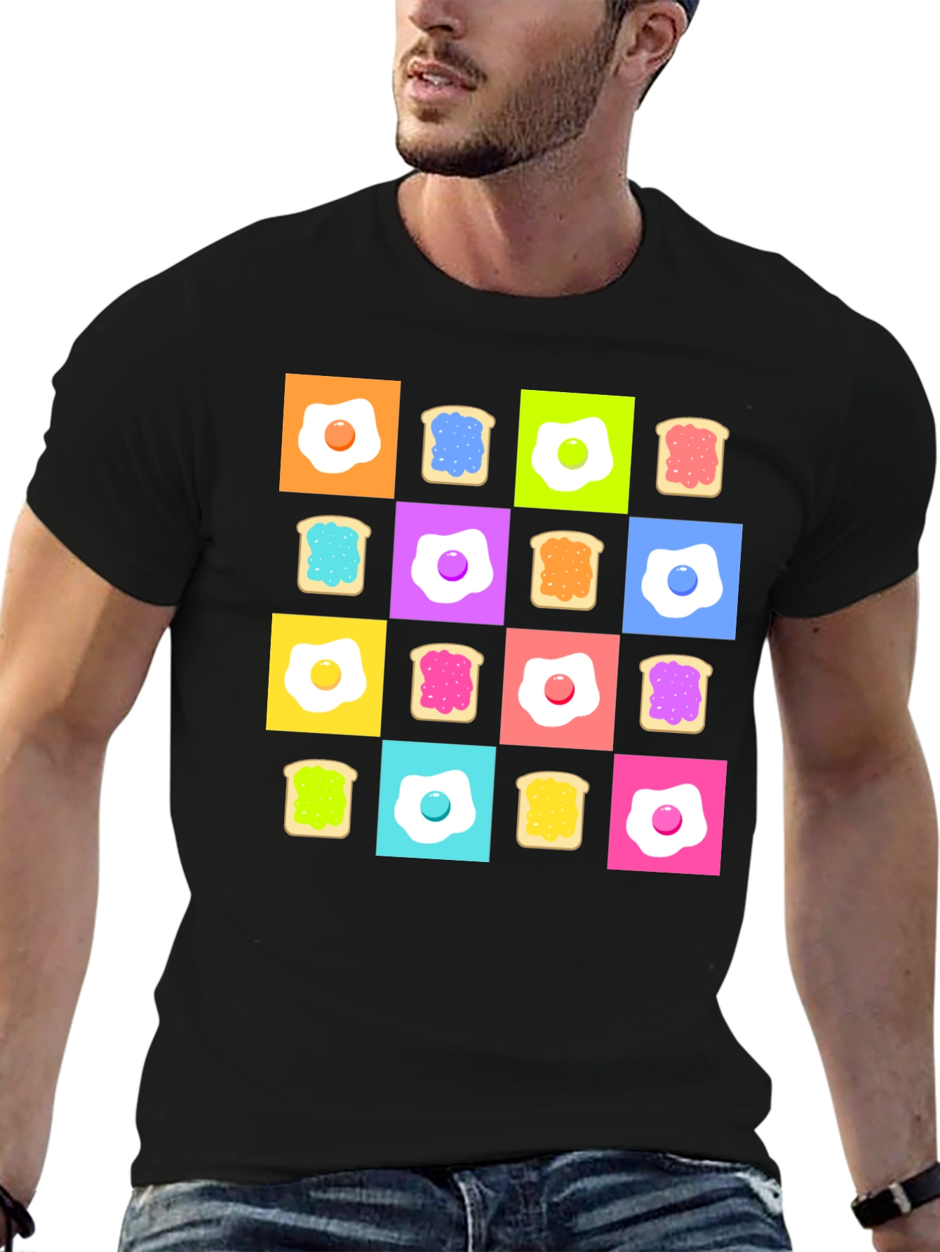 Black Funky Breakfast Pattern T-Shirt view 6