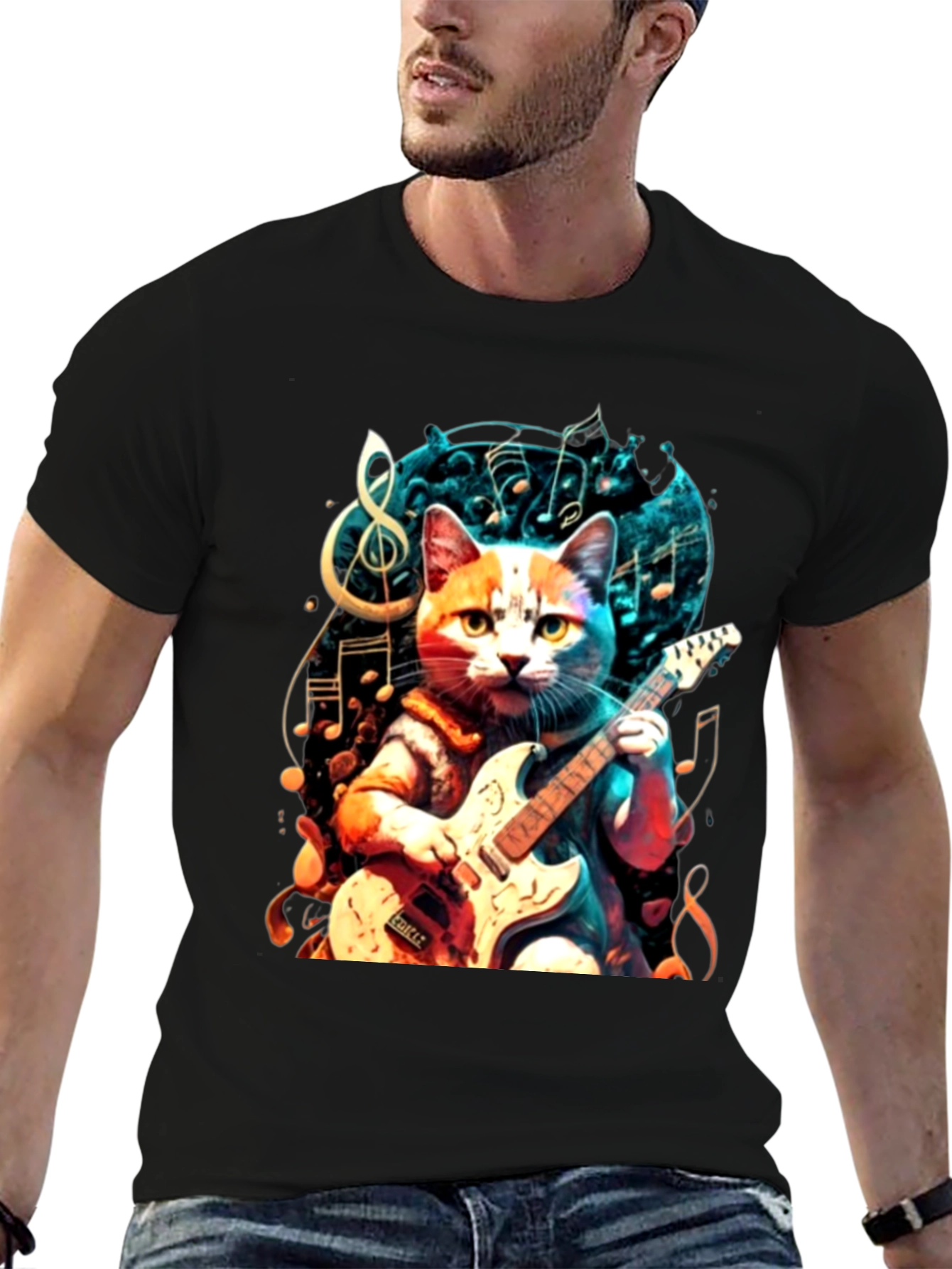Black Cat Playing Guitar Graphic Tee view 6