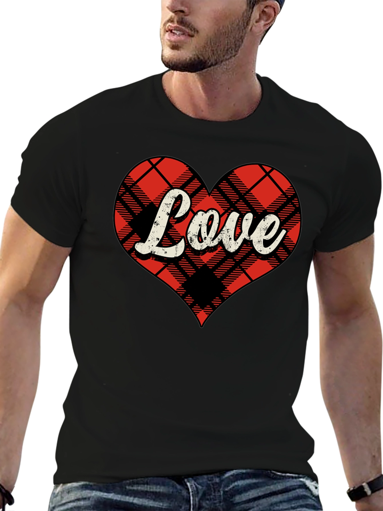 Black Plaid Heart Love Graphic Tee - Stylish & Comfy view 6