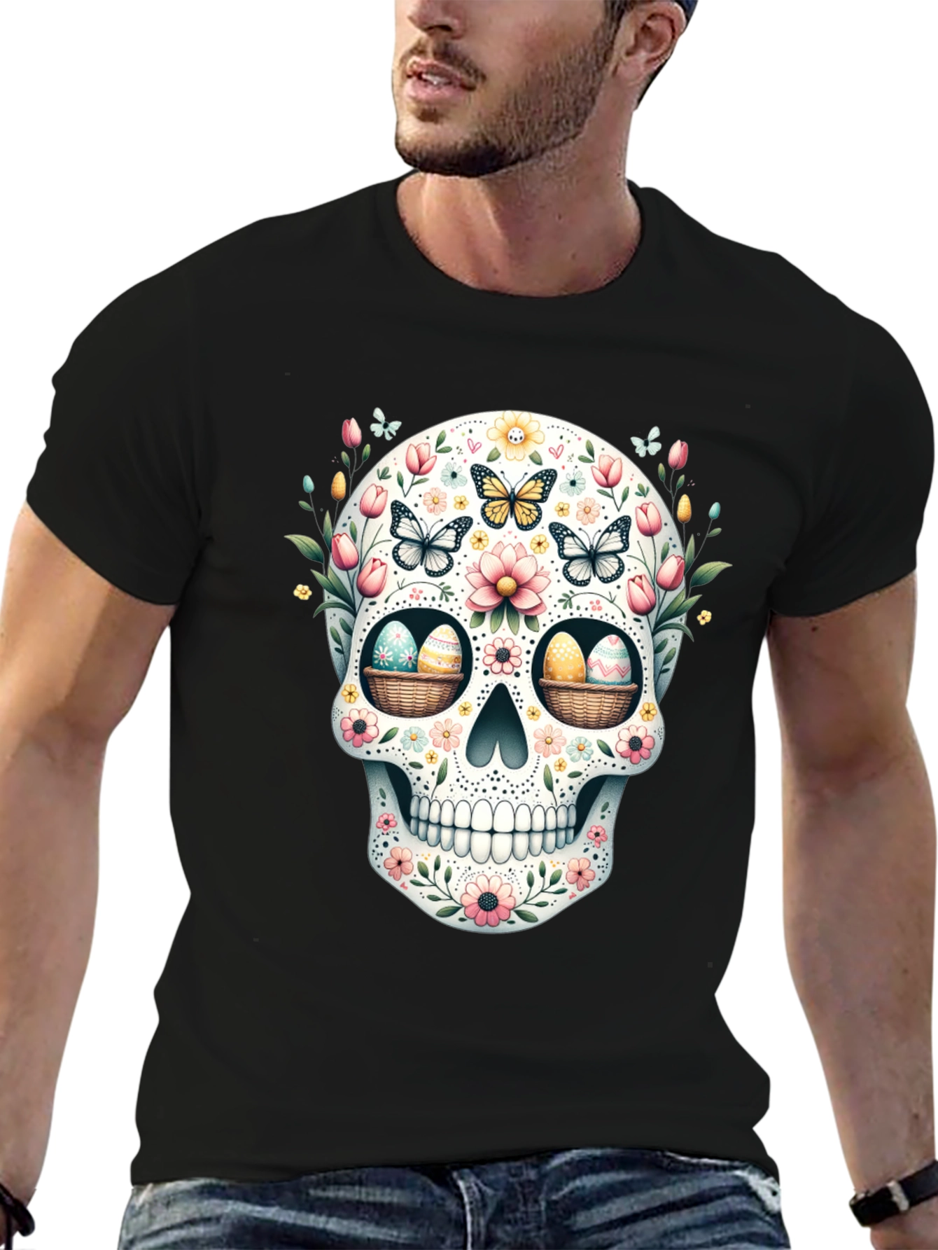 Black Floral Skull Easter Egg T-Shirt view 6