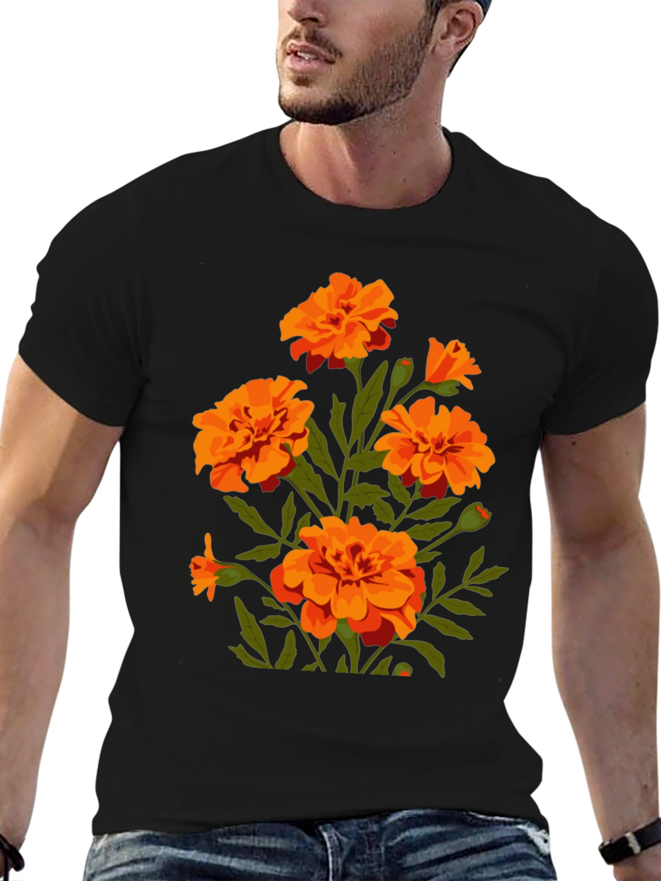 Black Black T-Shirt with Orange Flower Graphic Print view 6