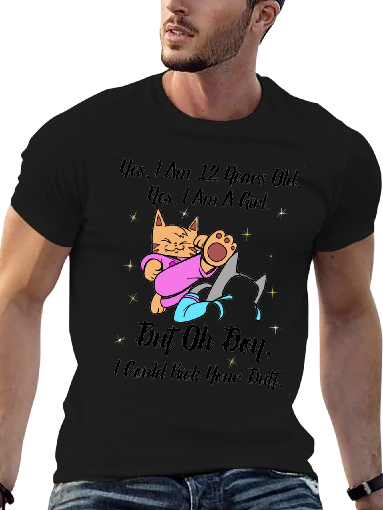 Black Funny Cat T-Shirt: 12 Years Old But Can Kick Your Butt view 6