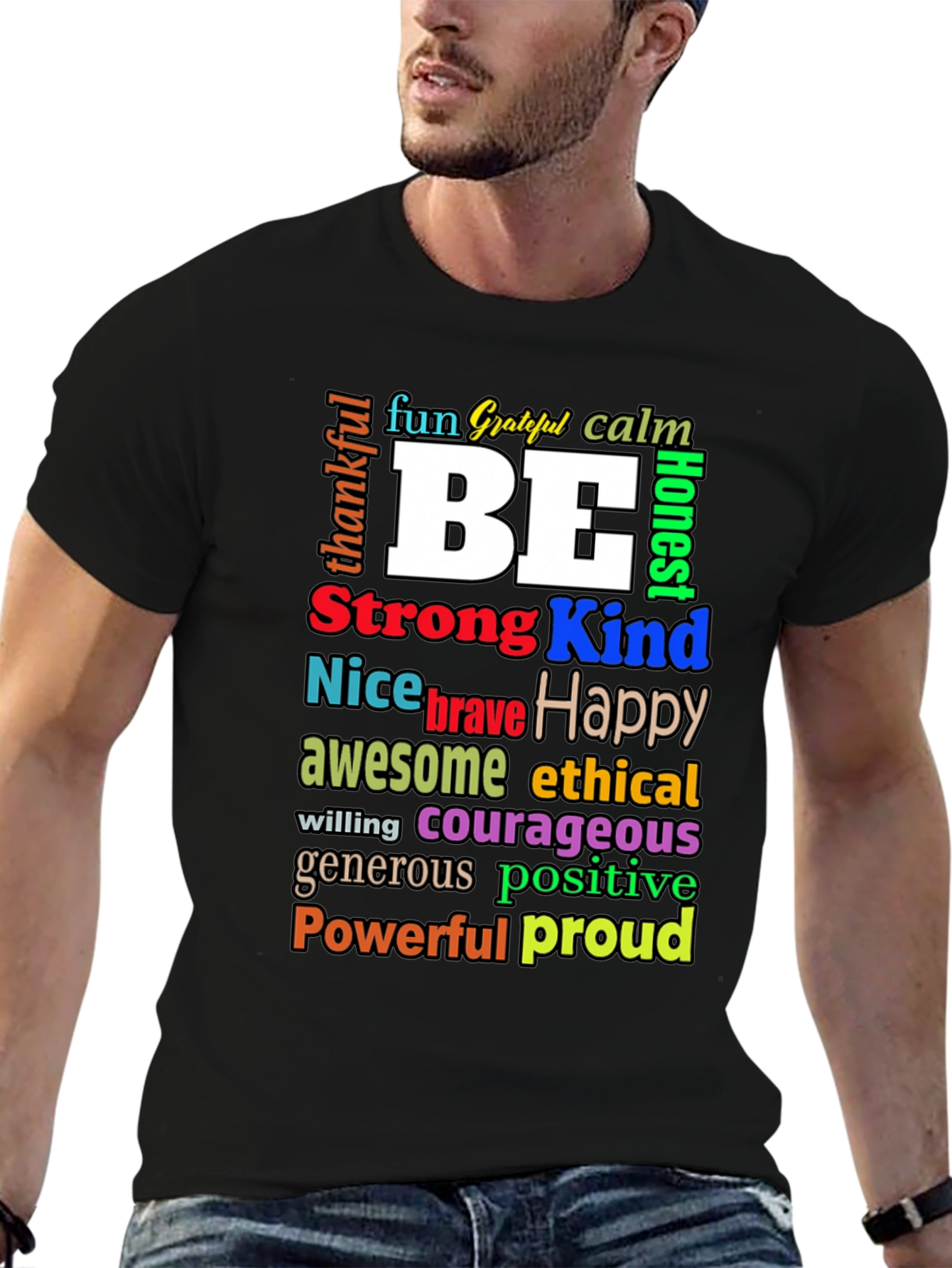 Black Inspirational Word Art T-Shirt - Be Kind, Happy, Strong view 6