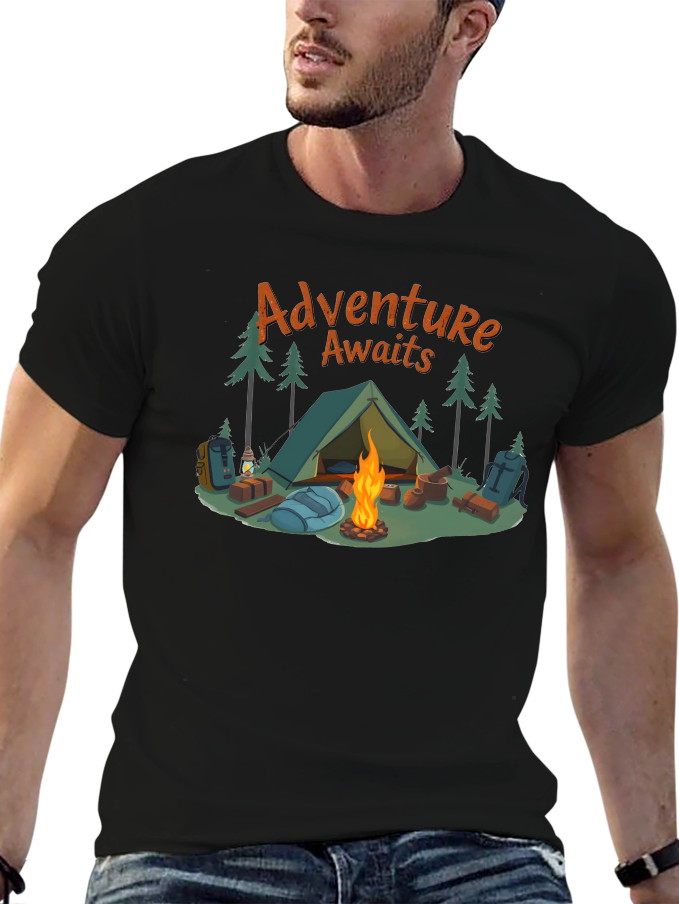 Black Adventure Awaits Graphic Tee - Camping Design view 6