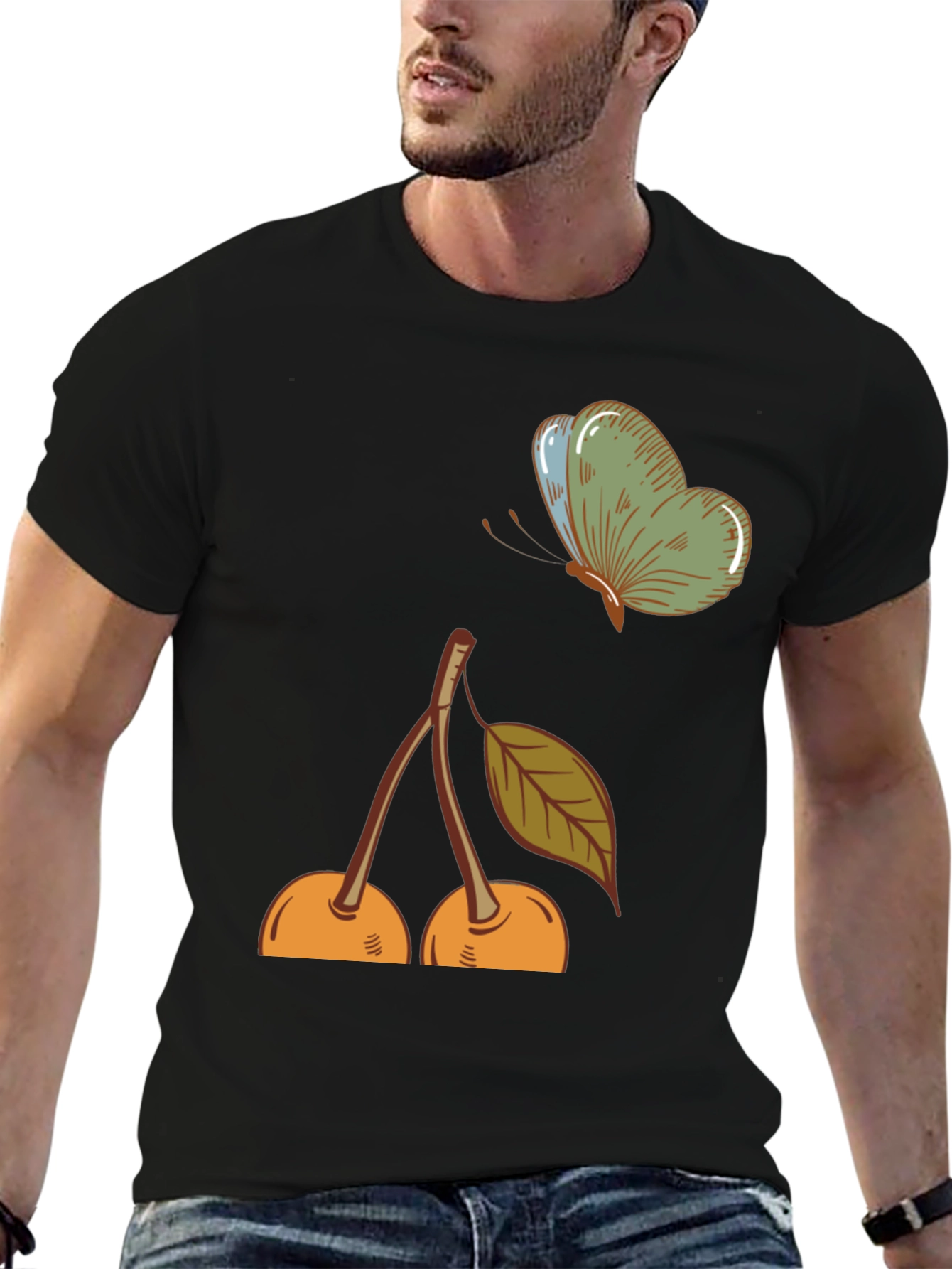 Black Cherry & Butterfly Graphic Tee - Black Casual T-Shirt view 6