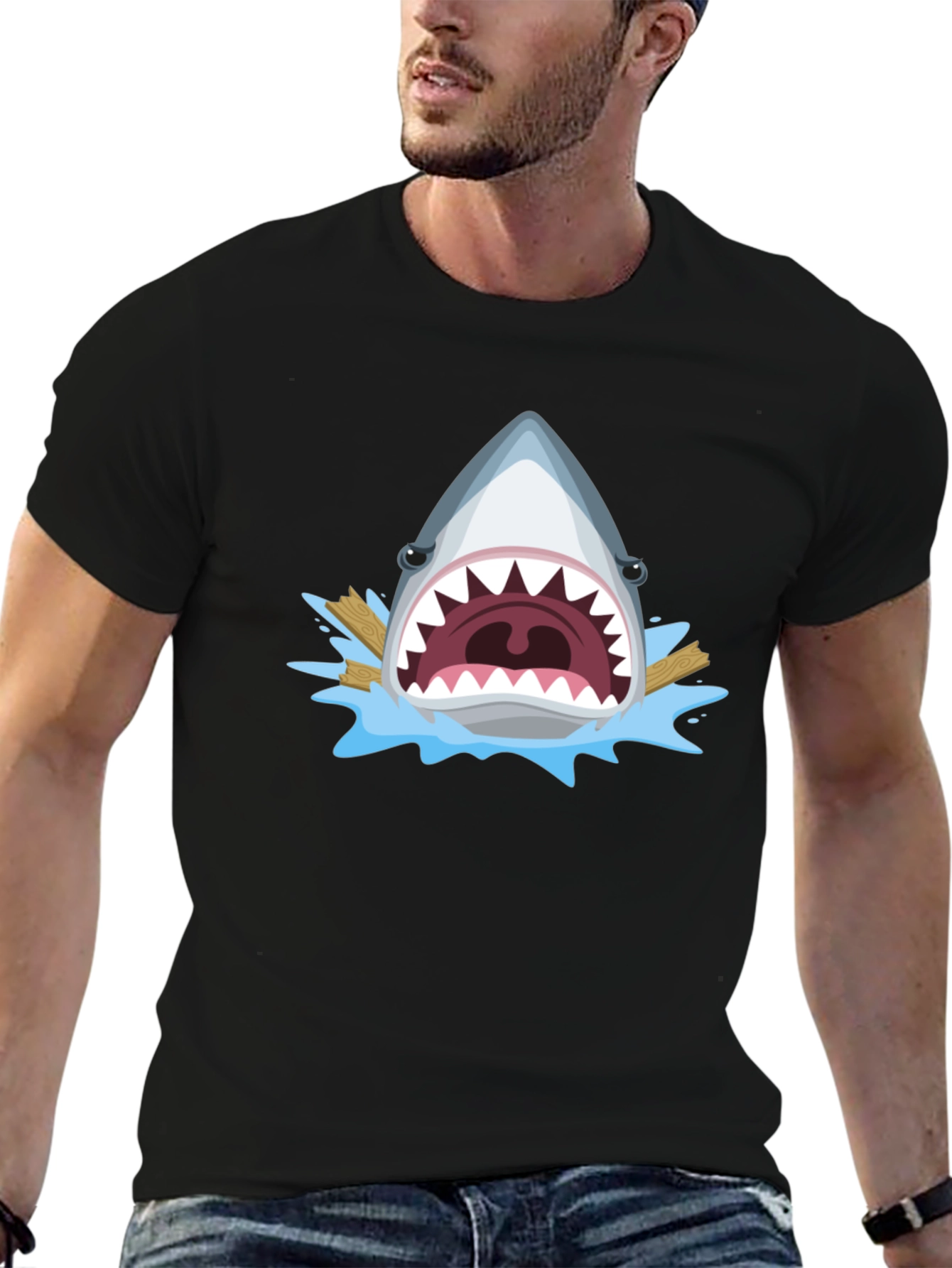 Black Shark Attack Graphic Tee - Men's Black T-Shirt view 6