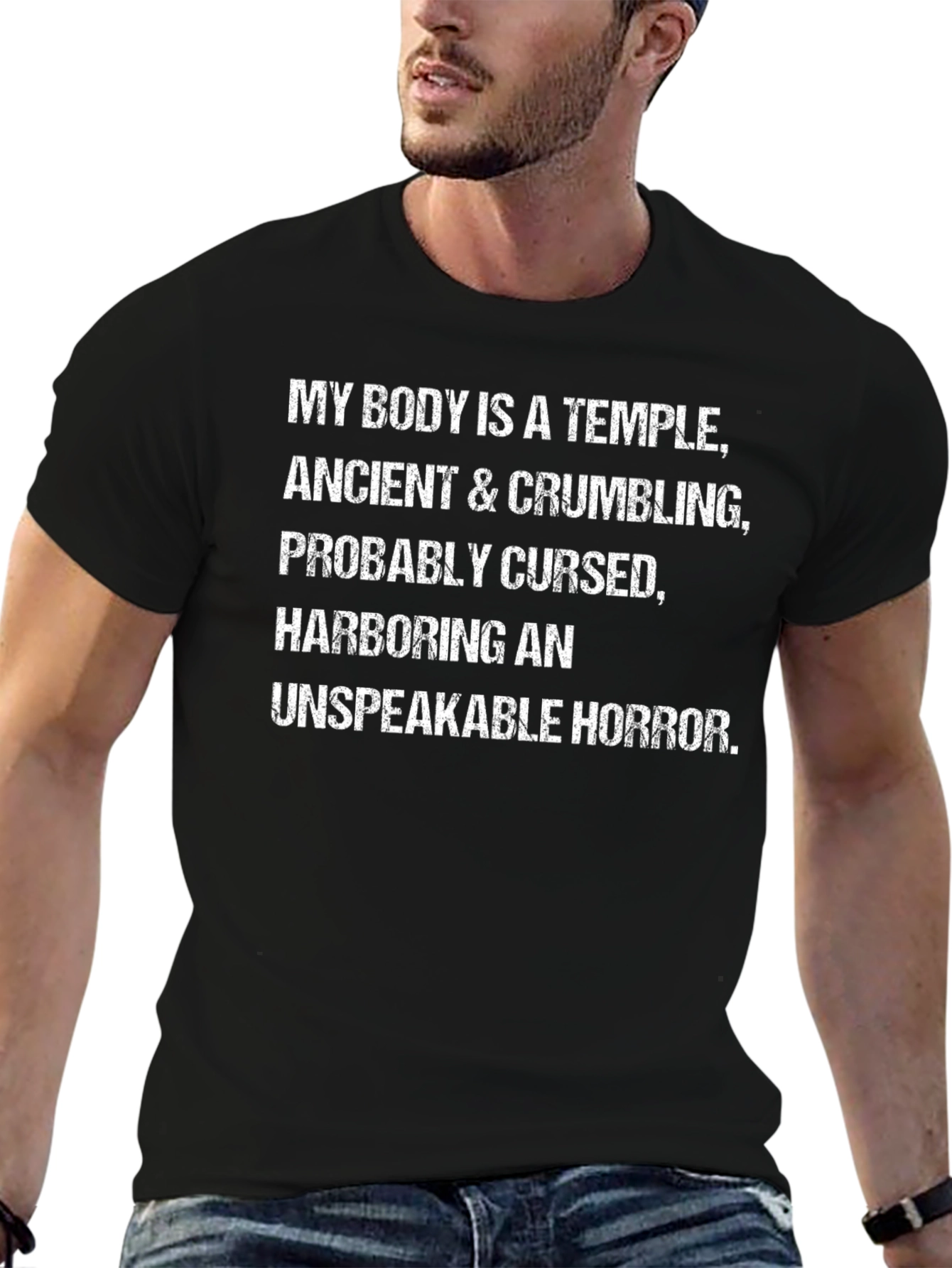 Black Humorous 'Ancient Temple' Graphic T-Shirt - Black Cotton Tee view 6