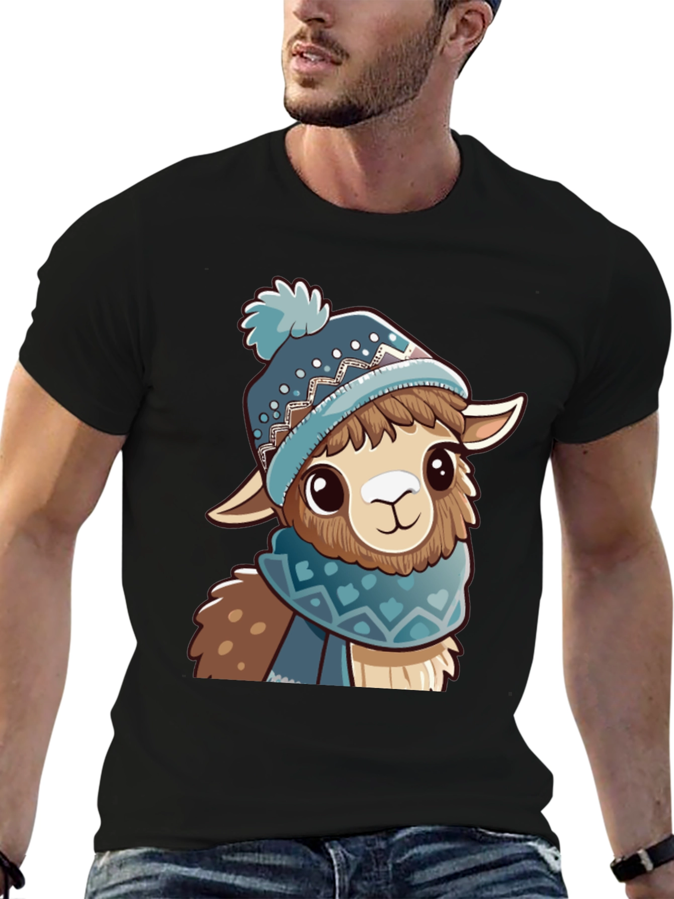 Black Cute Llama in Winter Hat Black T-Shirt view 6