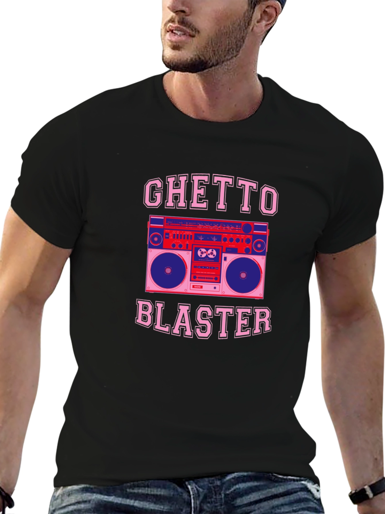 Black Ghetto Blaster Retro Boombox Graphic T-Shirt view 6