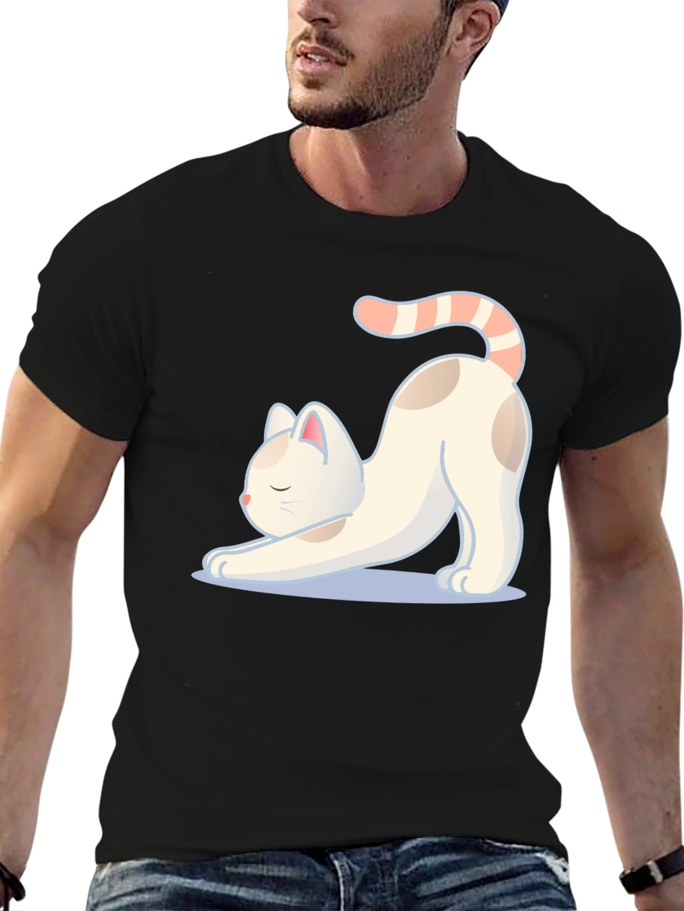 Black Cute Cat Stretching Graphic T-Shirt view 6