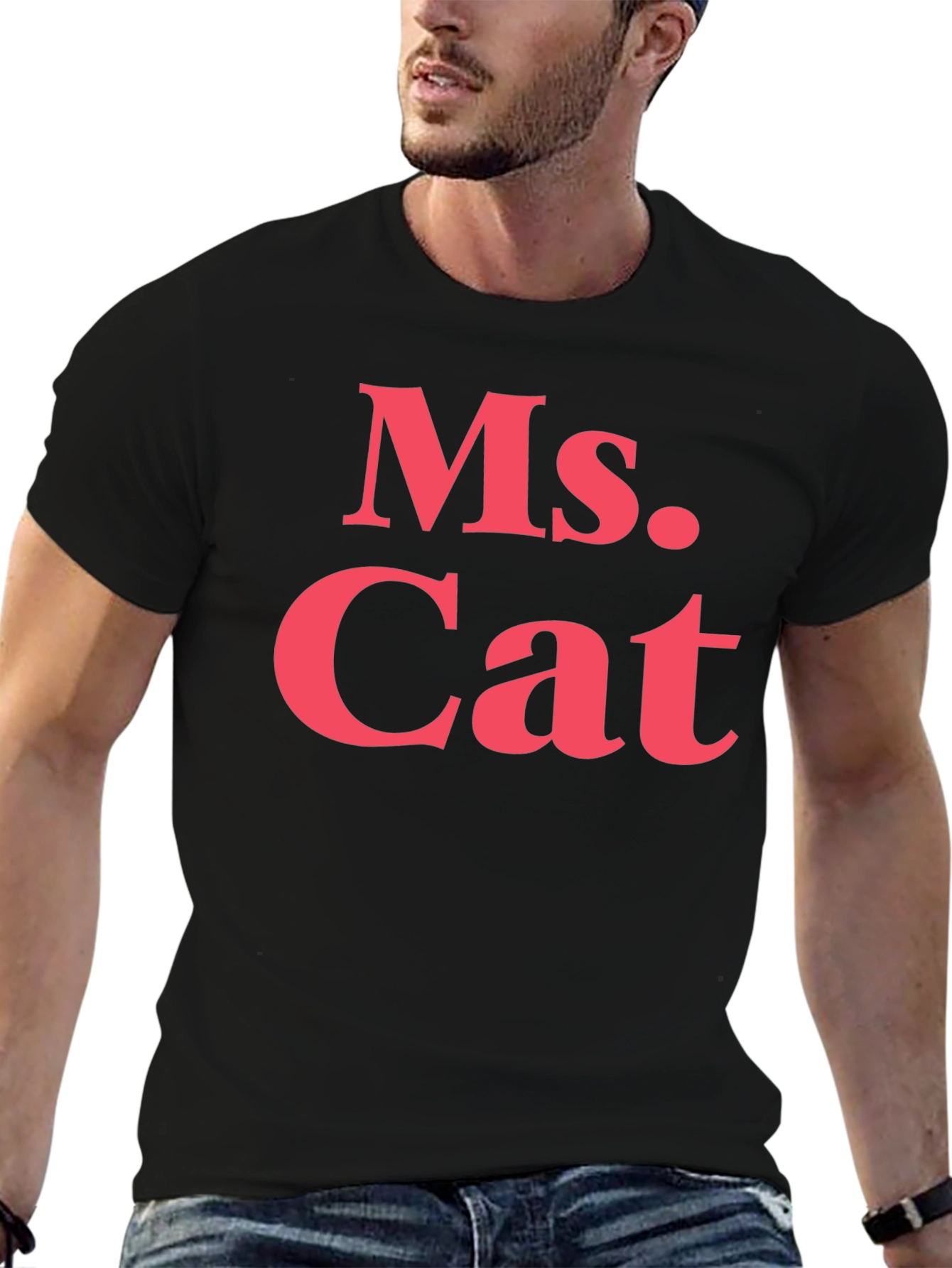 Black Ms. Cat T-Shirt - Bold Pink Text on Black view 6