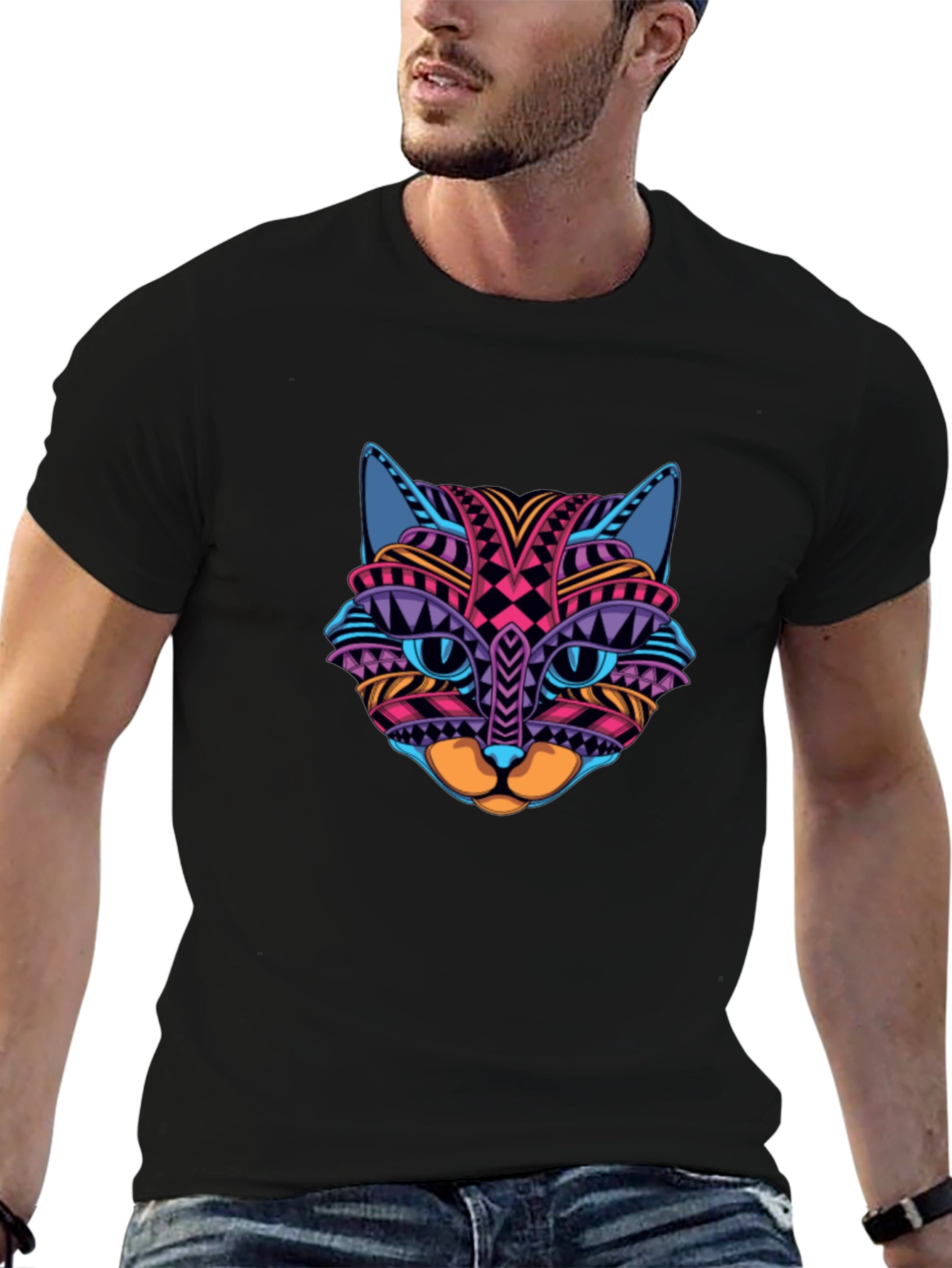 Black Colorful Cat Face Graphic Print Black T-Shirt view 6