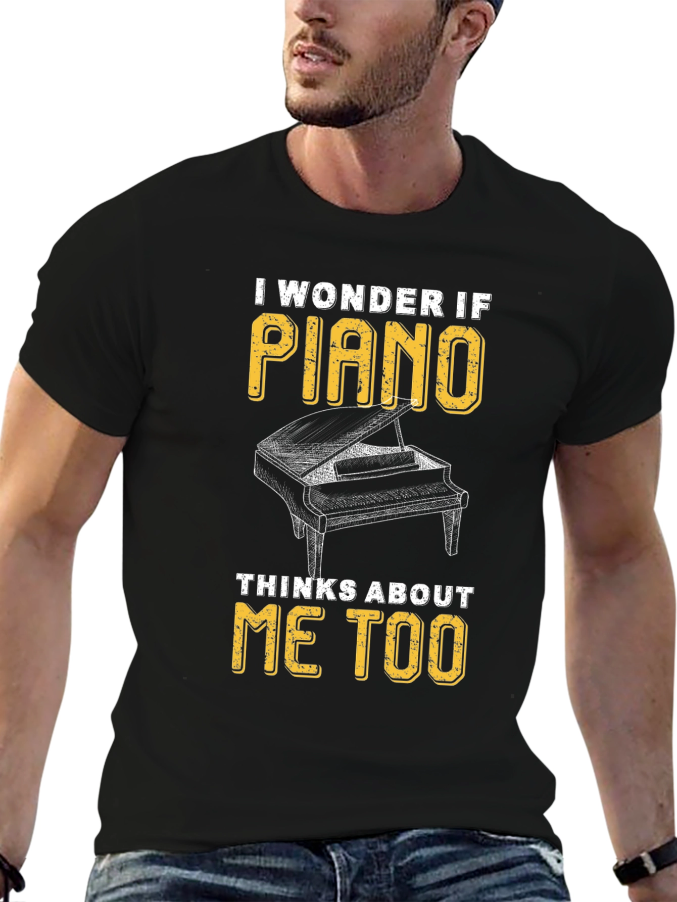 Black Piano Lover T-Shirt - I Wonder If Piano Thinks About Me Too view 6