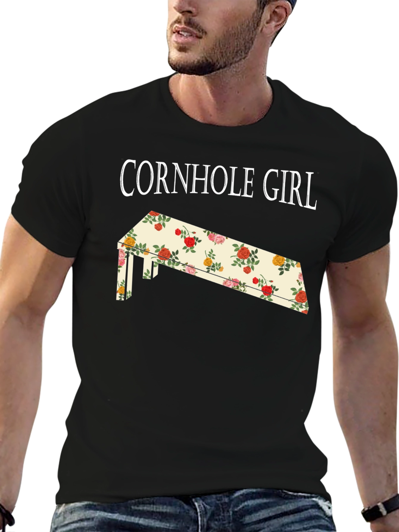 Black Cornhole Girl Floral Board T-Shirt view 6