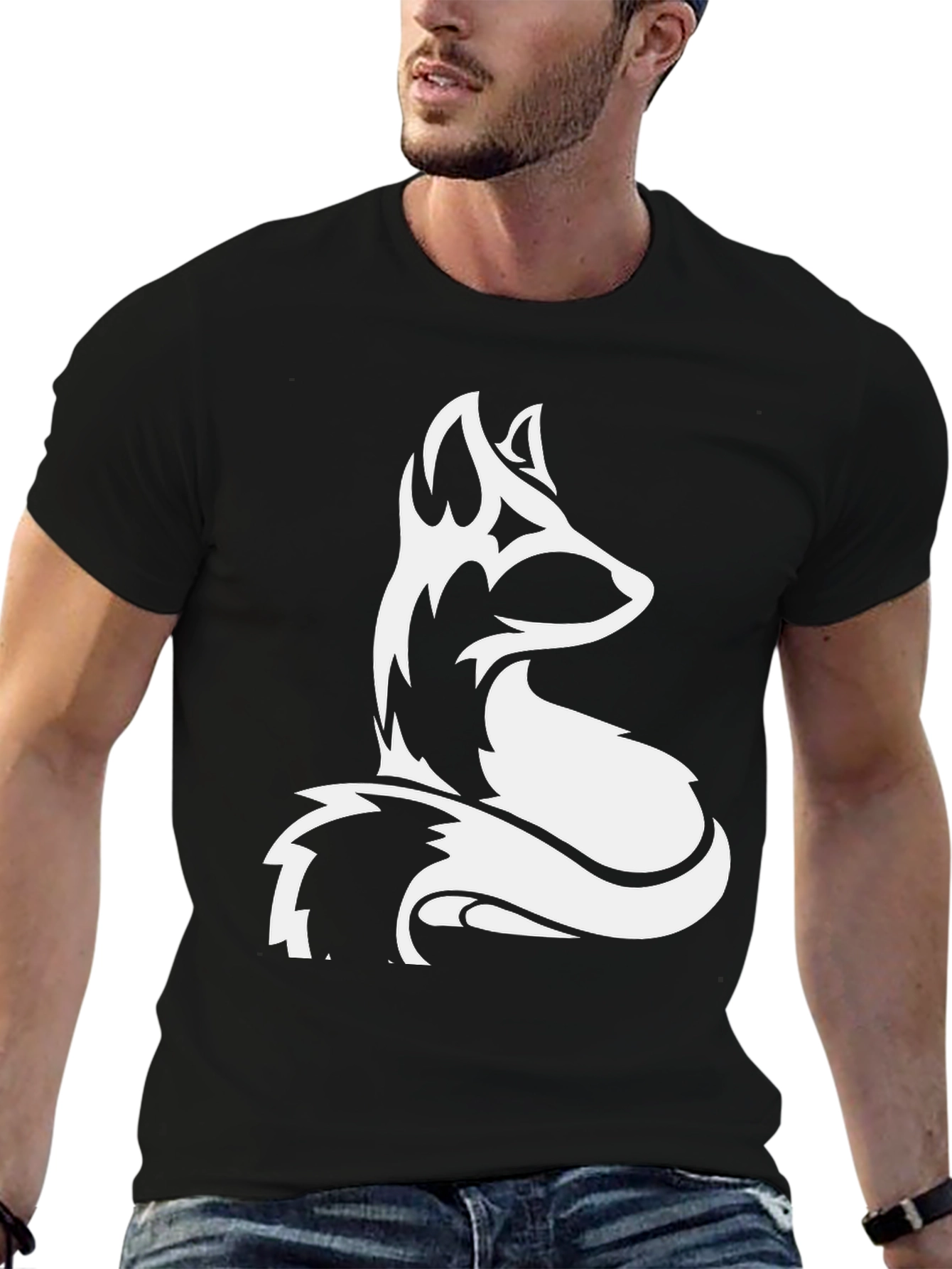 Black Men's Black T-shirt with White Fox Graphic view 6