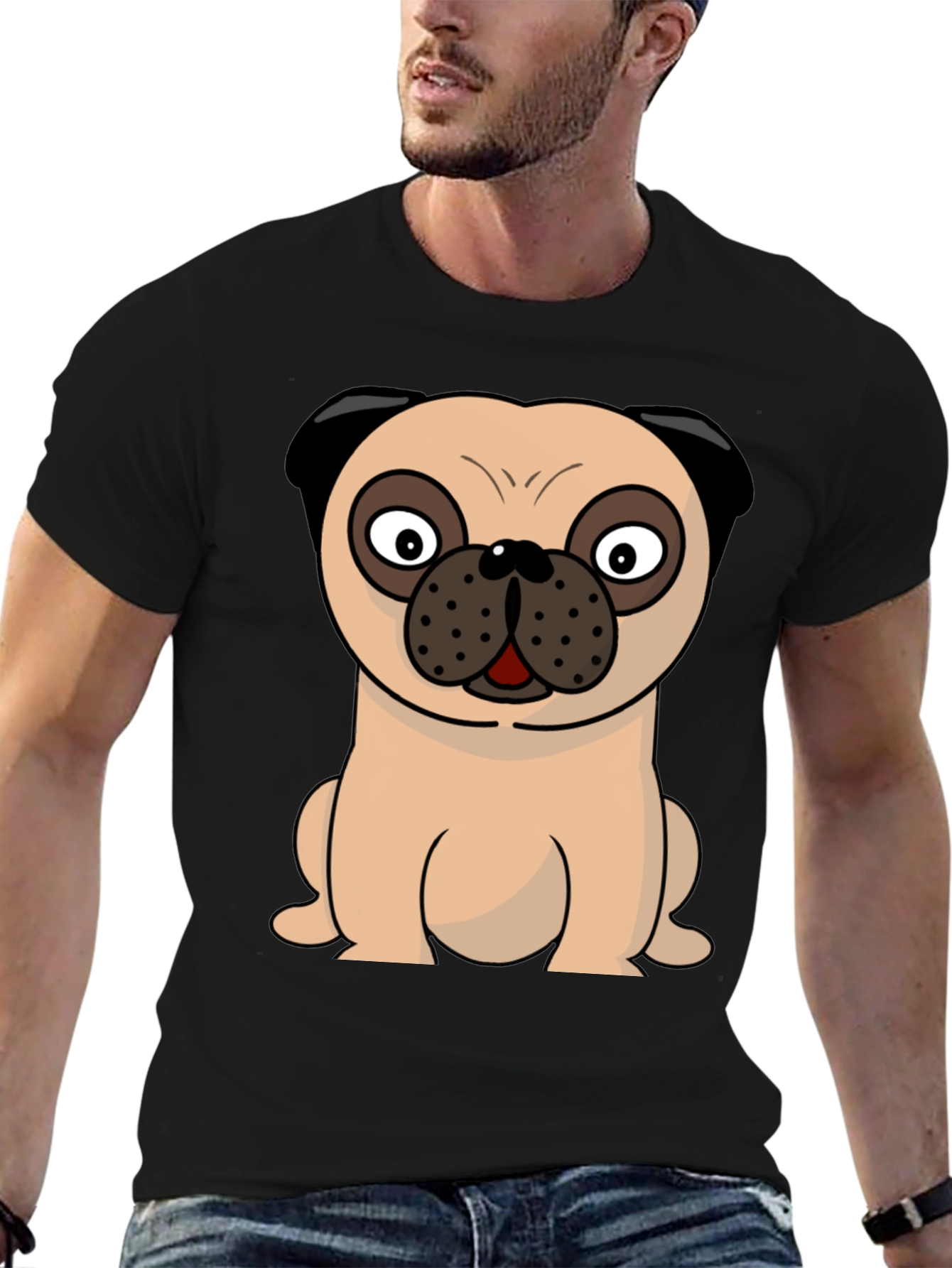 Black Cartoon Pug Graphic Tee - Men's Black T-Shirt view 6