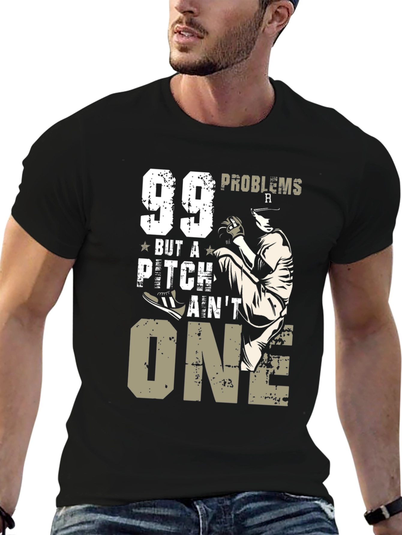 Black 99 Problems But A Pitch Ain't One Baseball T-Shirt view 6