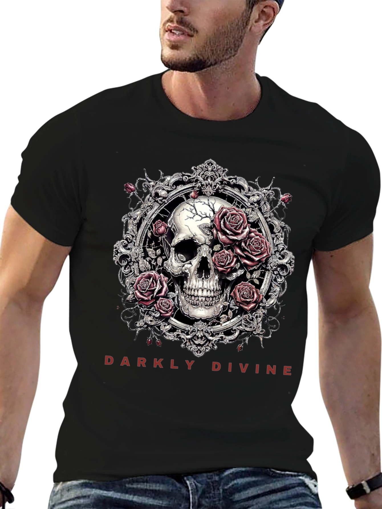 Black Darkly Divine Skull & Roses Graphic T-Shirt view 6