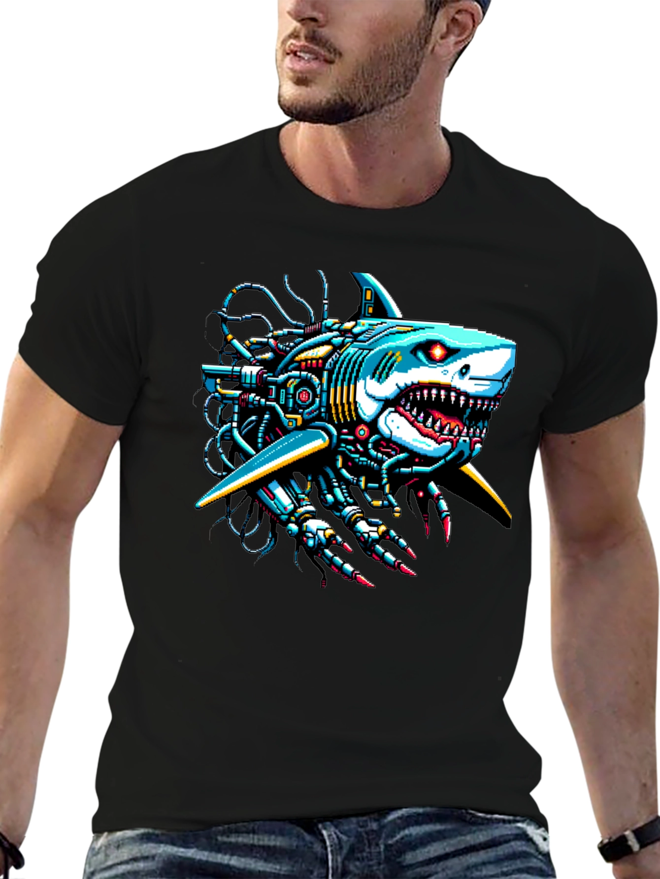 Black Cyberpunk Shark Graphic Tee - Unique & Bold Design view 6