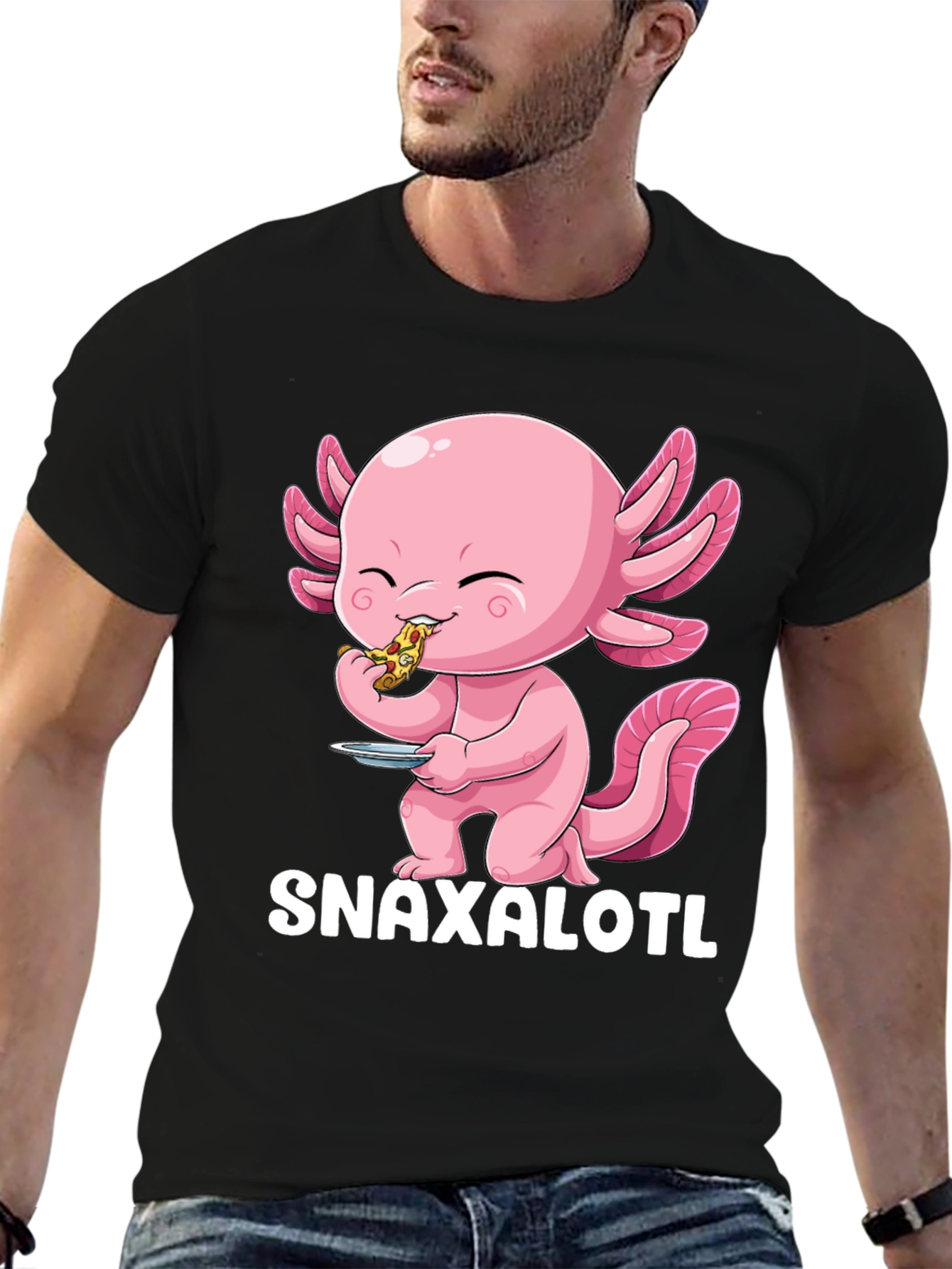 Black Snaxalotl T-Shirt - Cute Axolotl Pizza Lover view 6