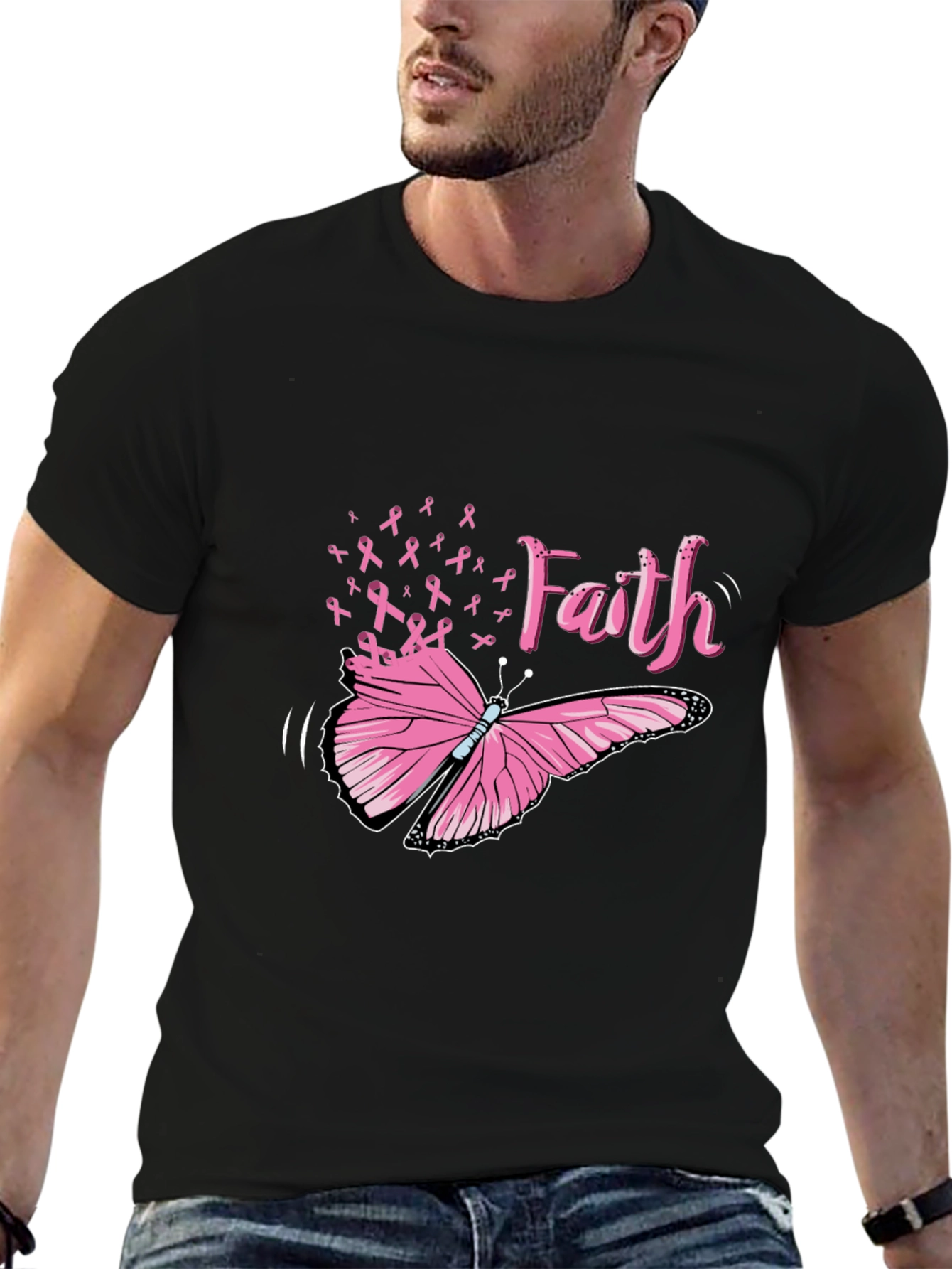 Black Faith Butterfly Breast Cancer Awareness Tee view 6