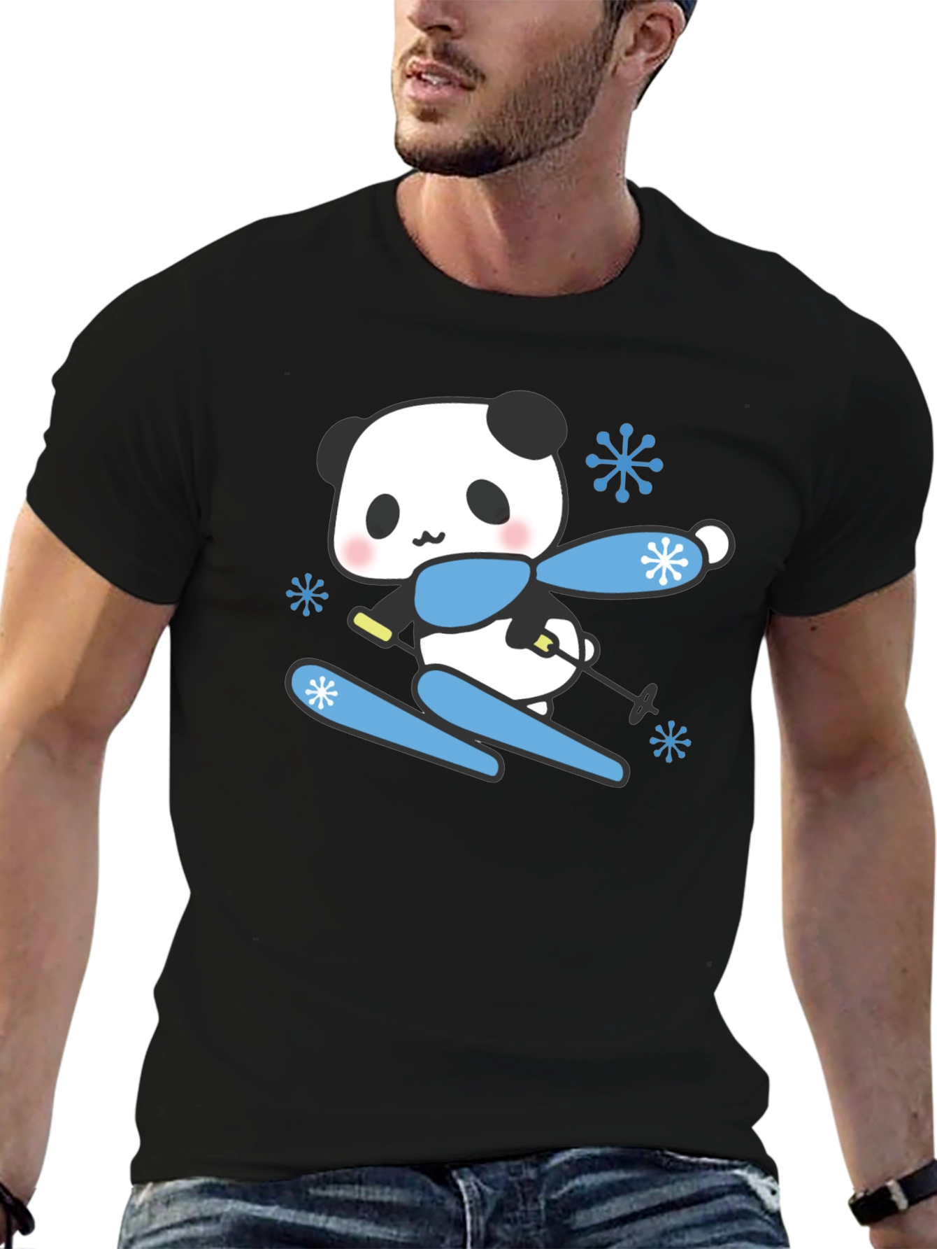 Black Skiing Panda T-Shirt - Cute Winter Apparel view 6