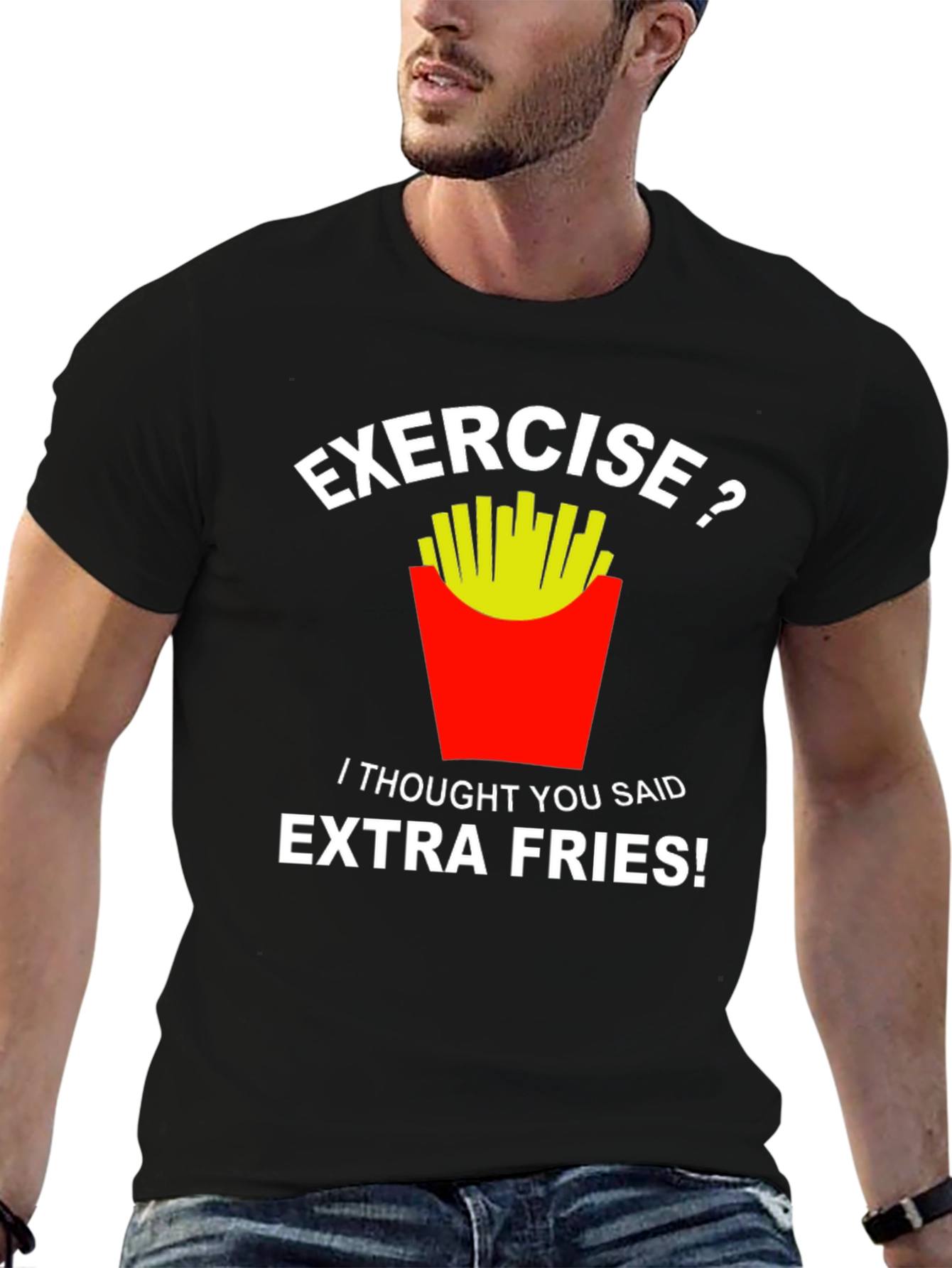 Black Exercise? Extra Fries! Funny Graphic T-Shirt view 6