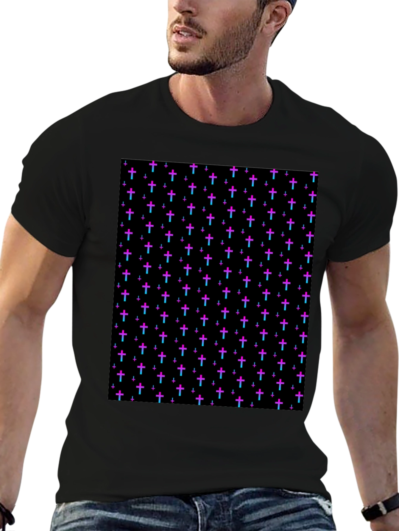 Black Cross Pattern Black T-Shirt view 6