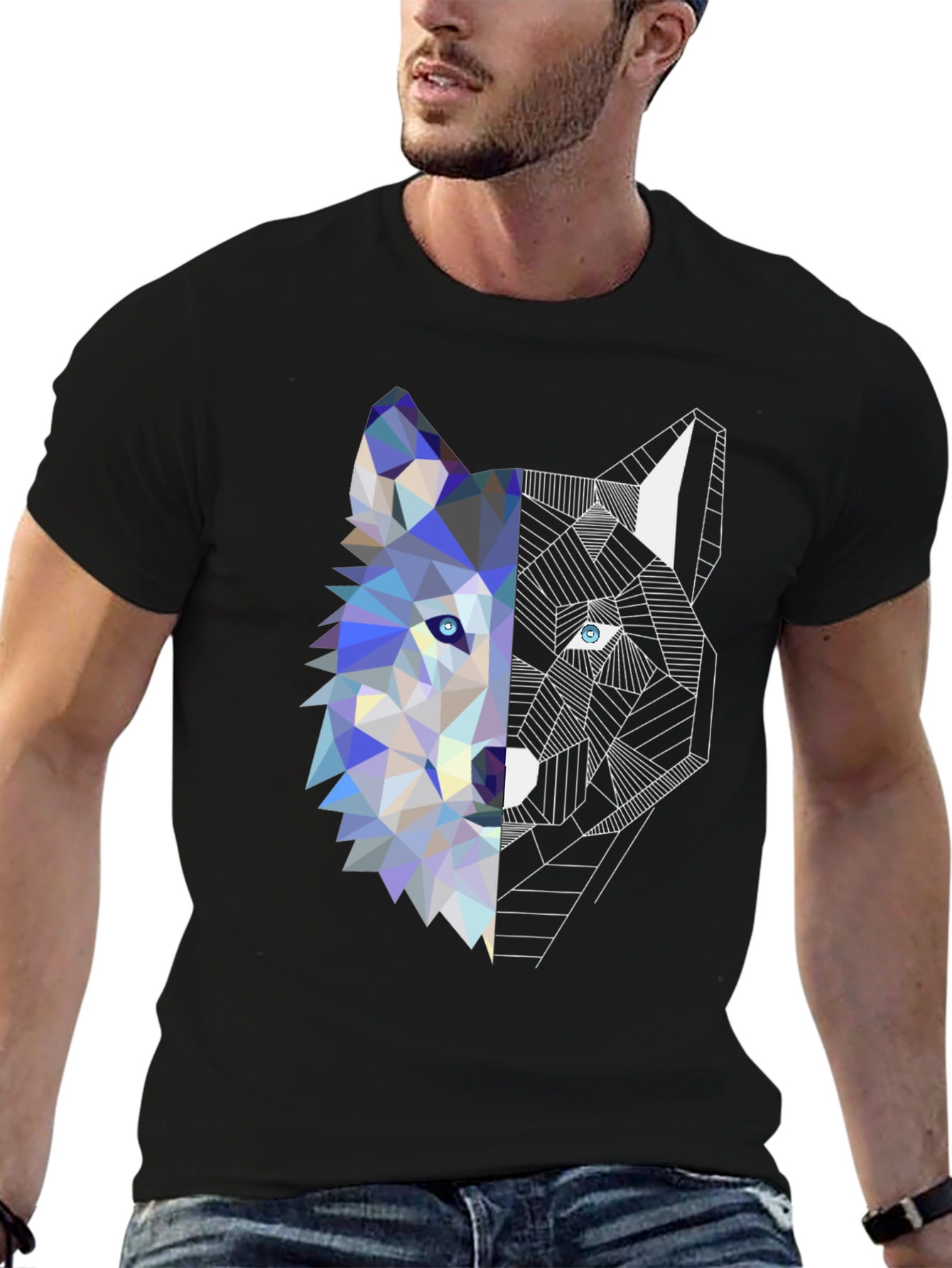 Black Geometric Wolf Graphic Tee - Modern Art Shirt view 6