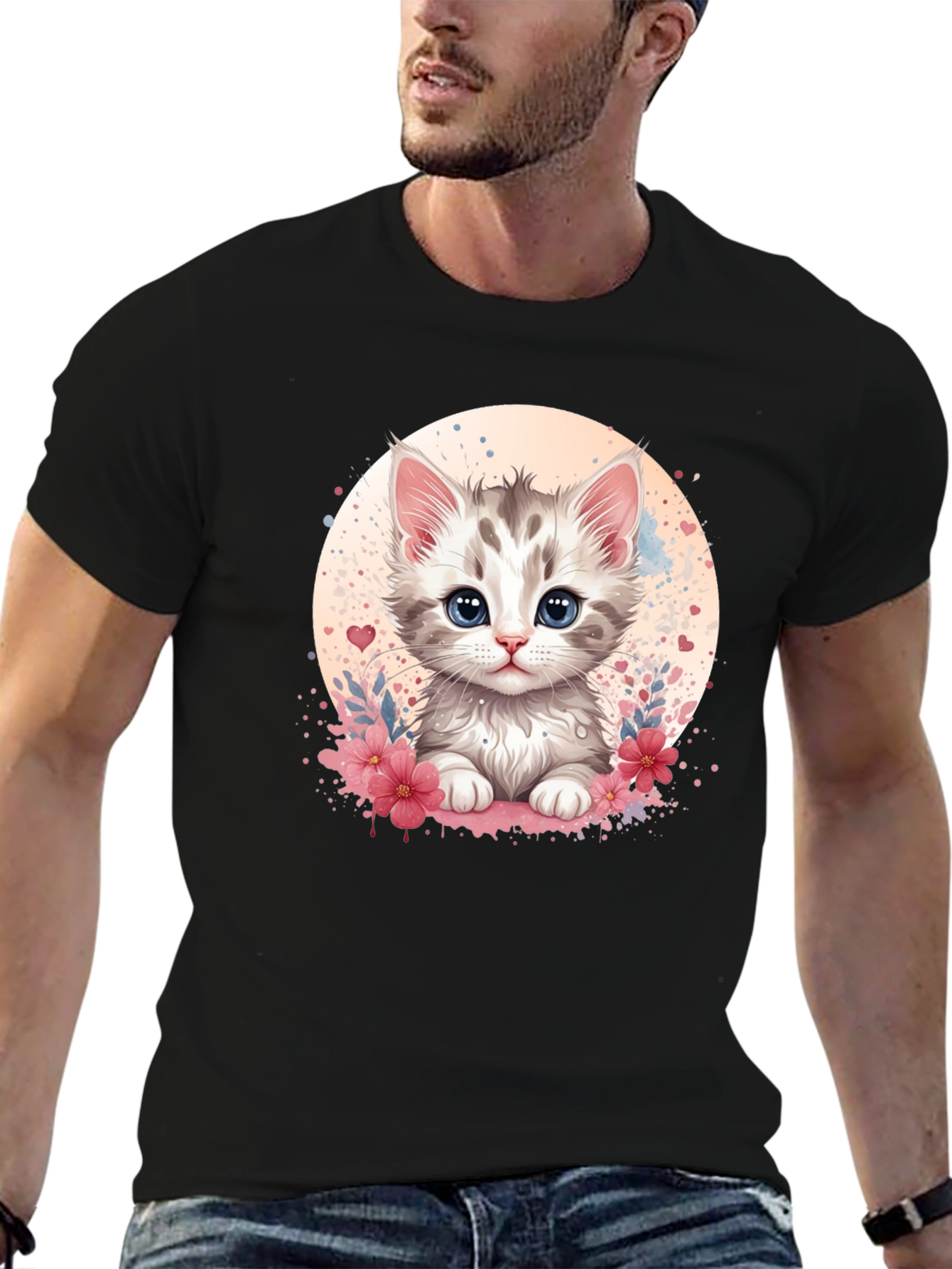 Black Cute Kitten Graphic Black T-Shirt view 6