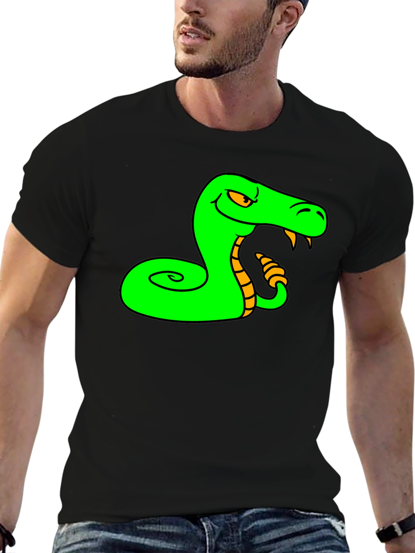 Black Green Snake Cartoon Graphic Black T-Shirt view 6