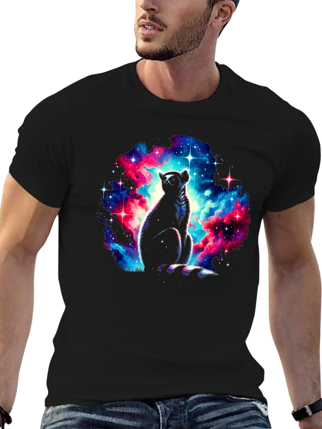 Black Cosmic Lemur Graphic T-Shirt - Galaxy Print view 6