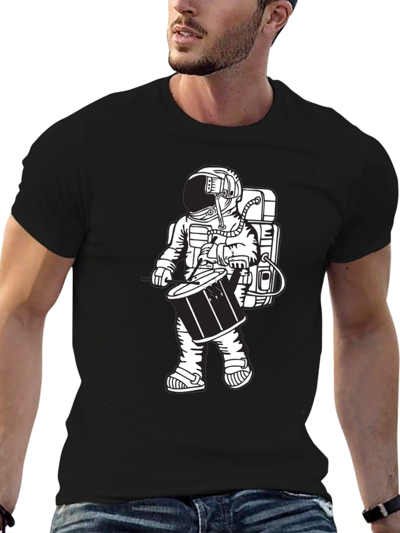 Black Astronaut Drummer Graphic Tee - Black Casual T-Shirt view 6