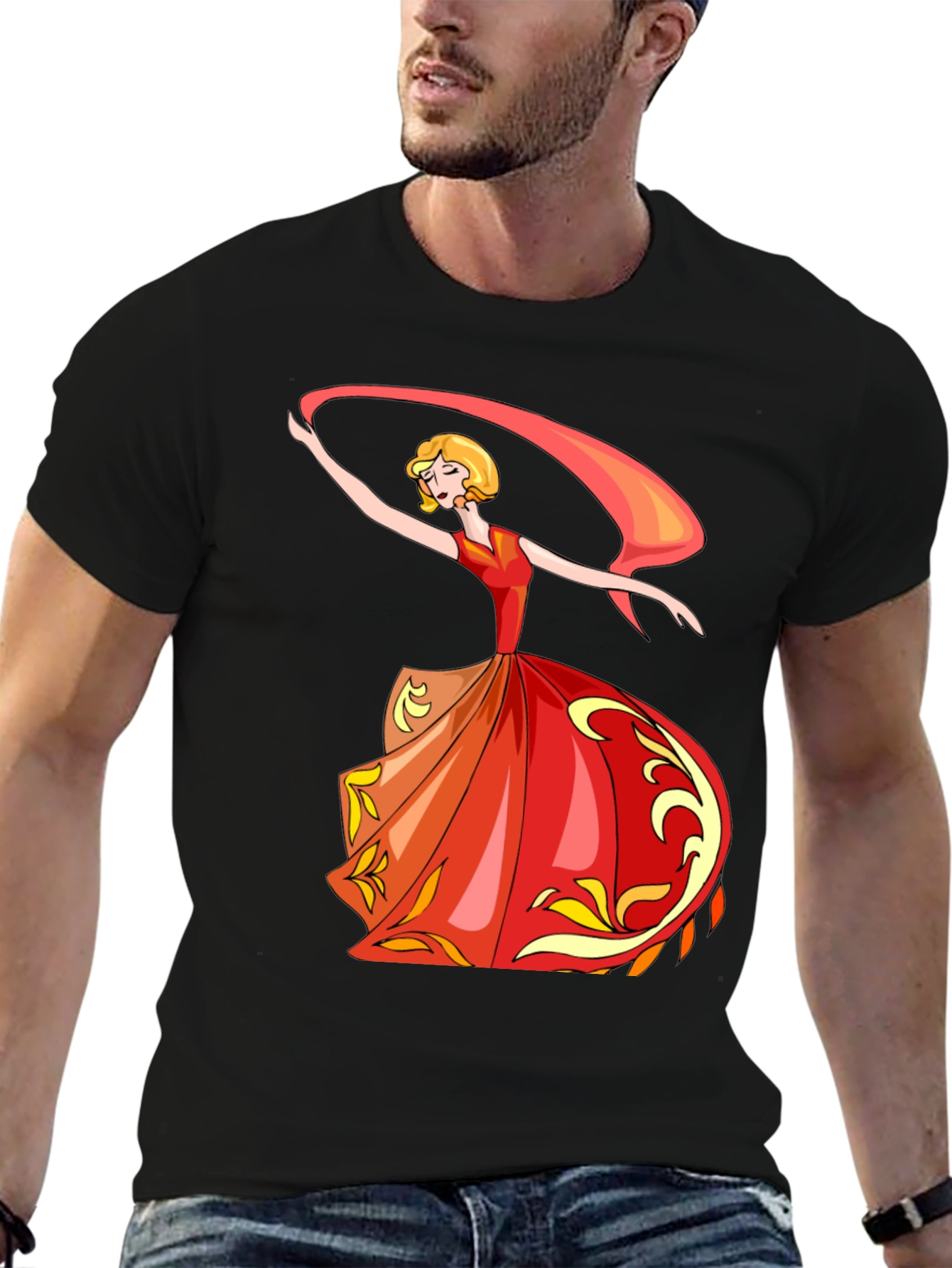 Black Elegant Dancer Graphic Tee - Black Cotton T-Shirt view 6